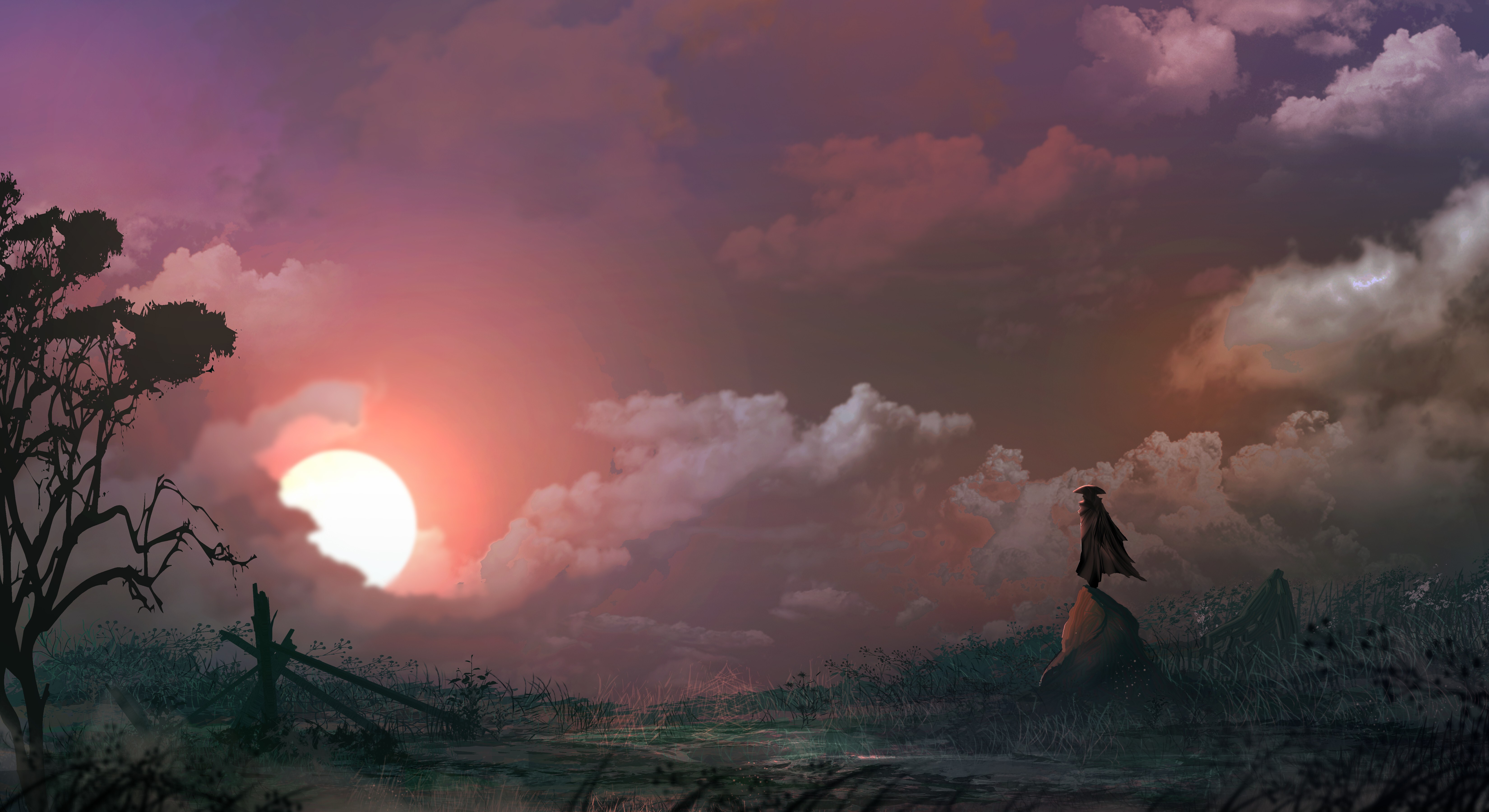 Free download Lonely Hero Fantasy Nature Sun Cloud Grass AI Art 4K Wallpaper, Wallpaper(s) website provided.
