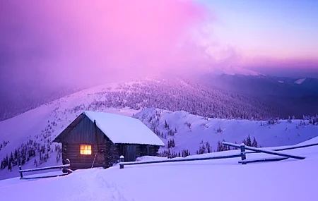 Free download winter snow house mountain forest fence light sunset sky cloud nature landscape cottage 4K wallpaper, Wallpaper(s) website provided.