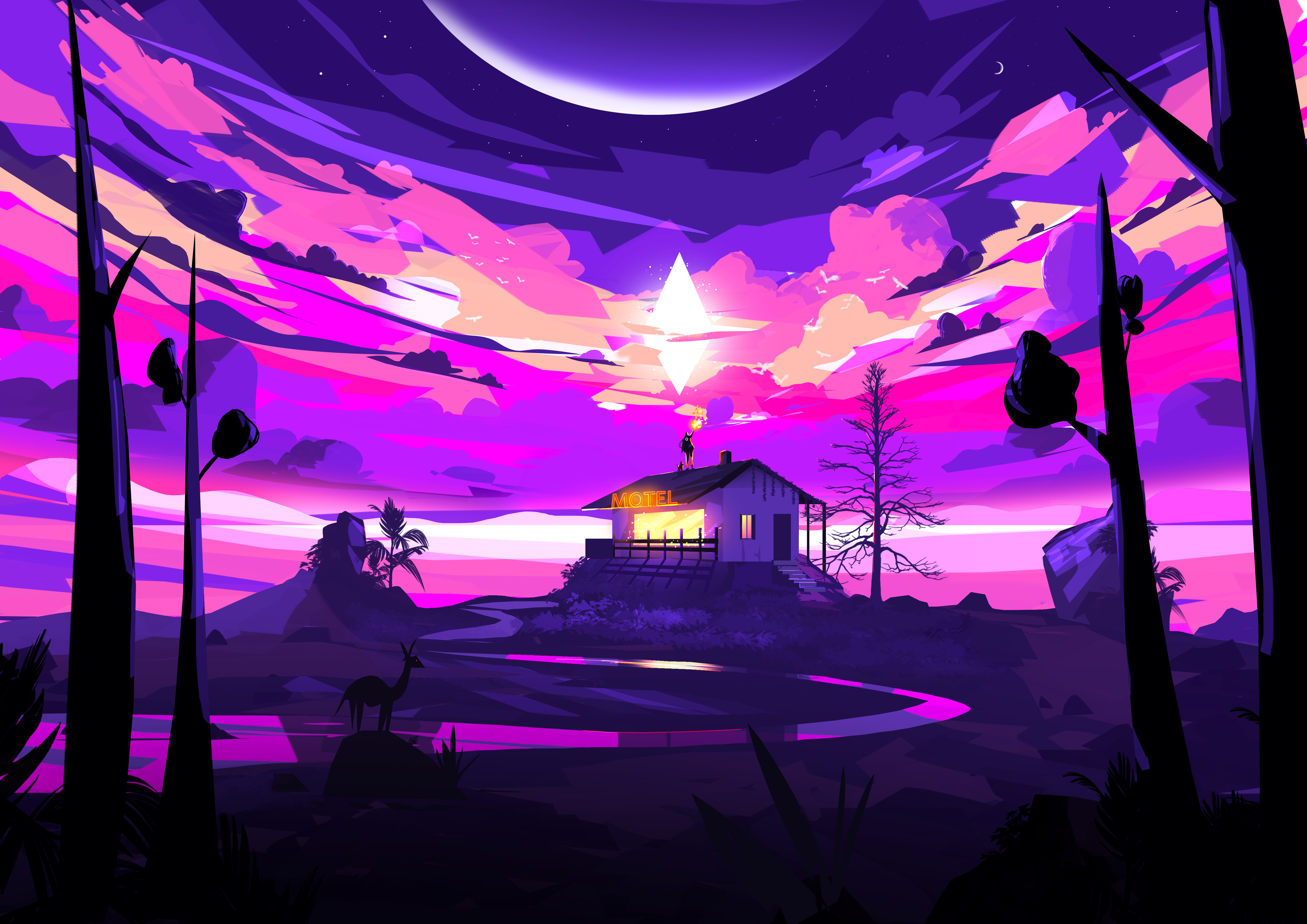 Free download Illustration AI Art Abstract Nature Cloud Motel Forest Night Night View River 4K Wallpaper, Wallpaper(s) website provided.