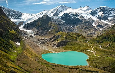 Free download Nature Landscape Mountains Clouds Sky Rocks Meadow Lake Water Surface Snow Mountains 4K Wallpaper, Wallpaper(s) website provided.