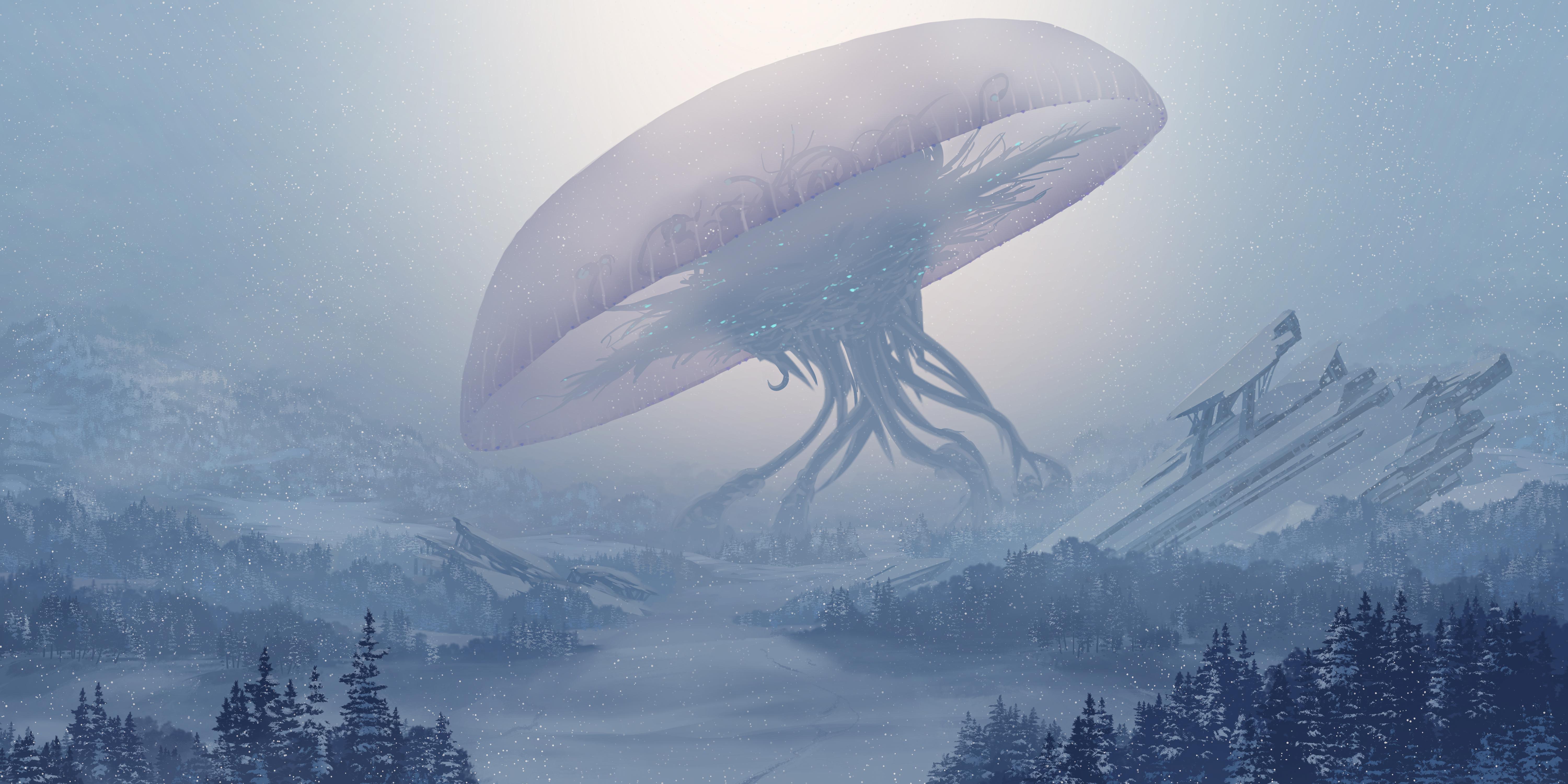 Free download Winter Forest Snow Alien Invasion AI Art 4K Wallpaper, Wallpaper(s) website provided.