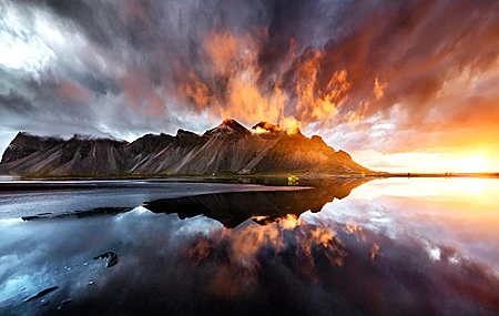 Free download Photography Landscape Nature Reflection Mountain Clouds Sunset Sea Rocks Cloudy Day Dark Clouds 4K Wallpaper, Wallpaper(s) website provided.