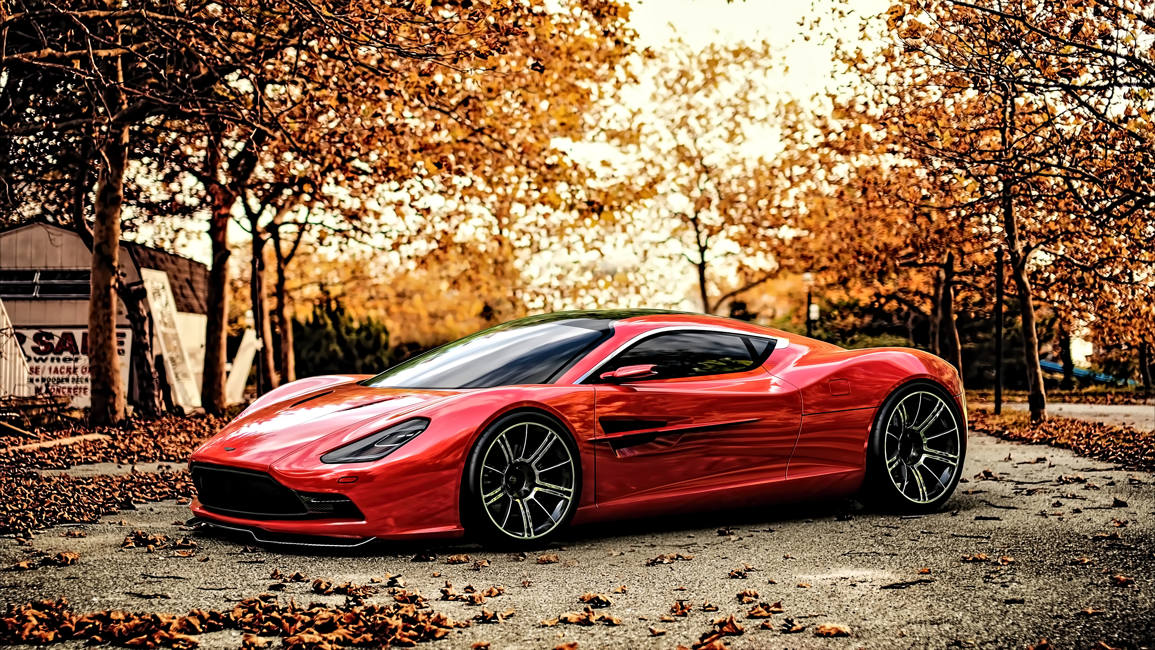 Free download vehicle car sports car supercar sunset concept car red car leaves city trees 4K wallpaper, Wallpaper(s) website provided.