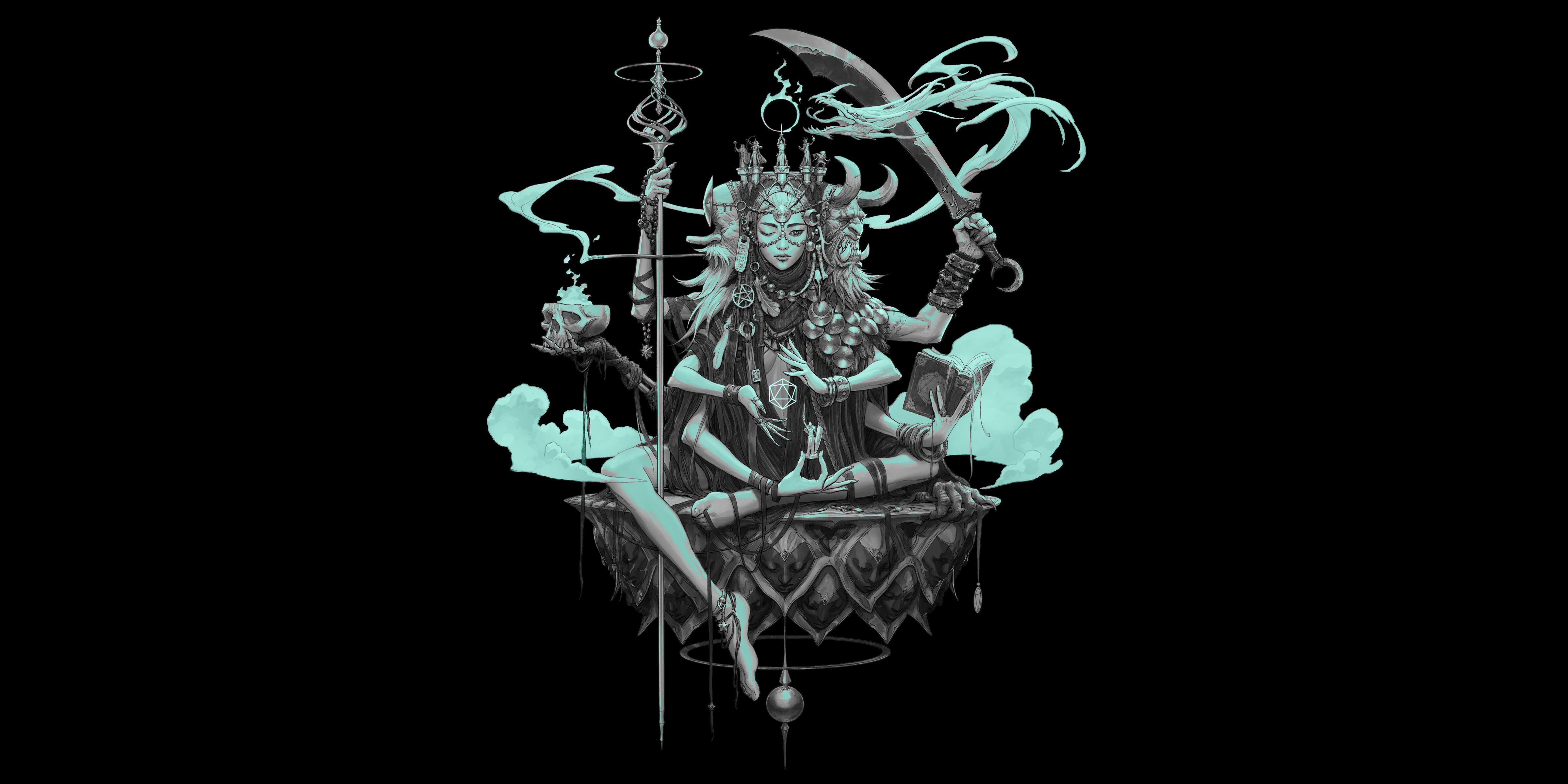 Free download Fantasy Art Sword Dragon Skull Horn Black Background Cyan 4K Wallpaper, Wallpaper(s) website provided.
