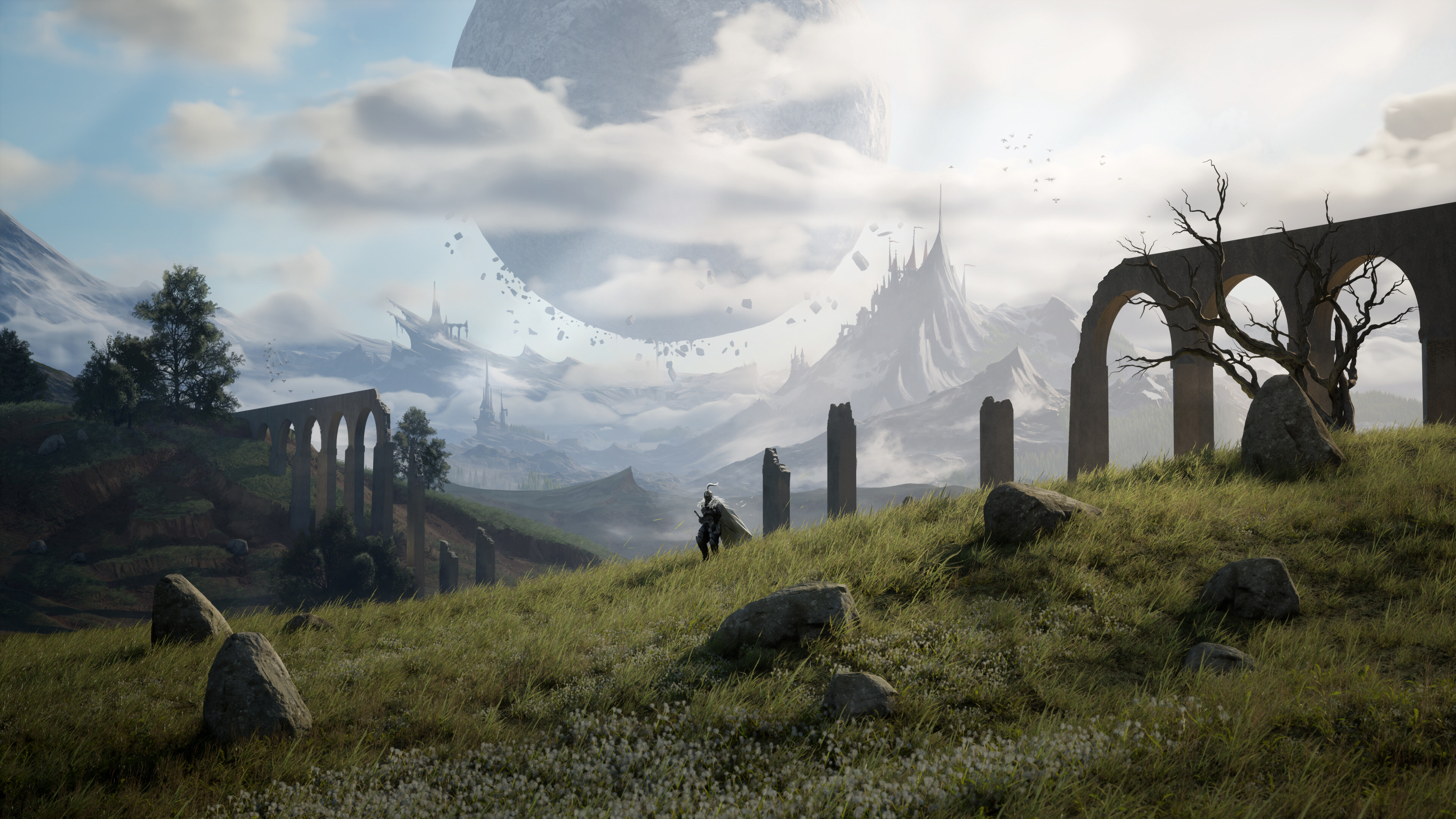 Free download AI Art Illustration Fantasy Art Landscape Nature Ruins Unreal Engine Rock Cloud Tree Field Mountain Grass Bridge 4K Wallpaper, Wallpaper(s) website provided.