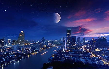 Free download Landscape City Landscape Moon Lights AI Art Night Architecture 4K Wallpaper, Wallpaper(s) website provided.