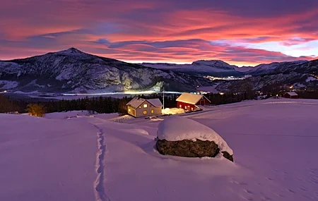Free download nature landscape lights mountains trees clouds sky winter house sunset road snow orange clouds 4K wallpaper, Wallpaper(s) website provided.