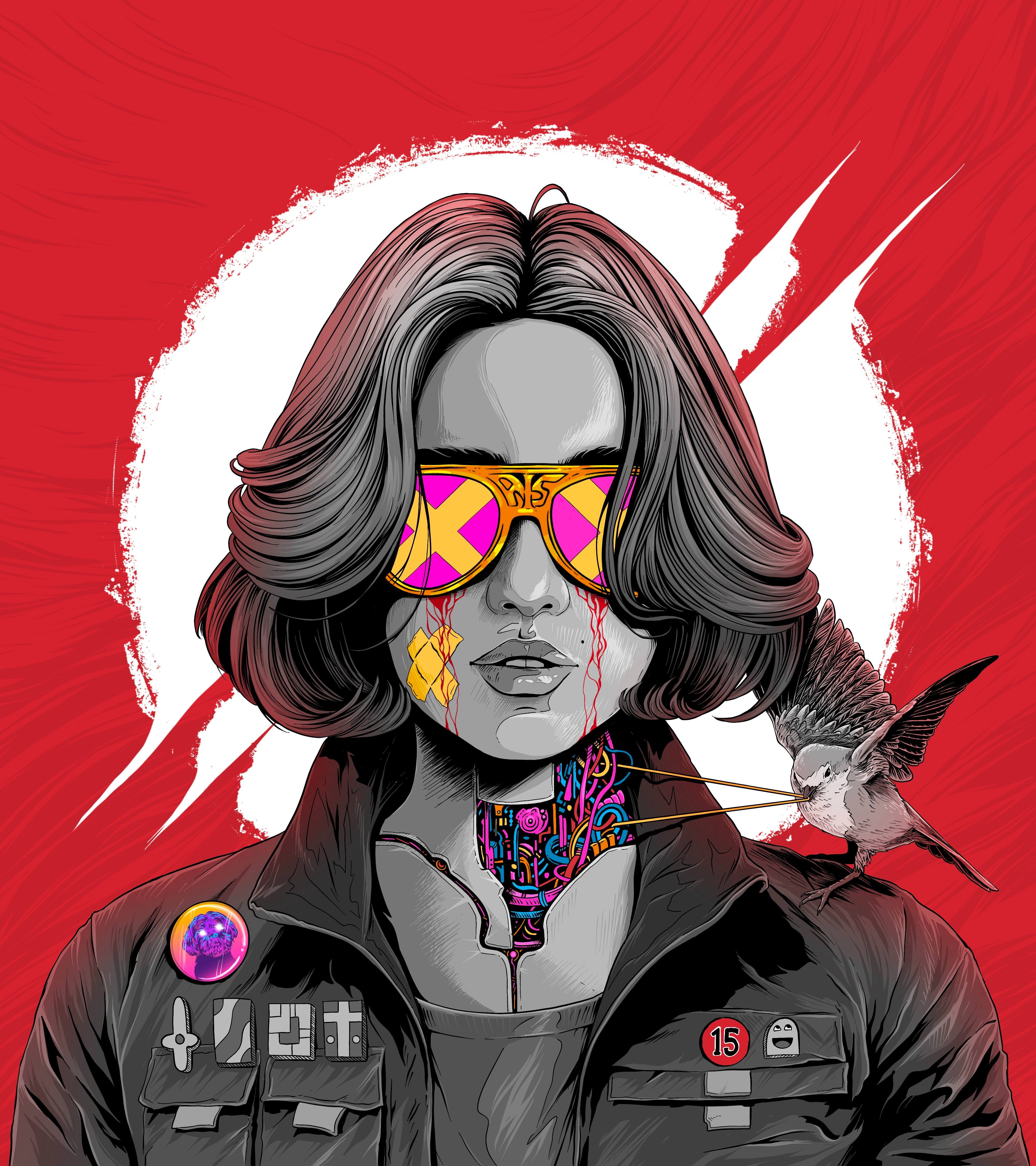 Free download Woman Short Hair Digital Art Illustration Sketch Portrait Red Glasses Mobile Wallpaper 4K Wallpaper, Wallpaper(s) website provided.