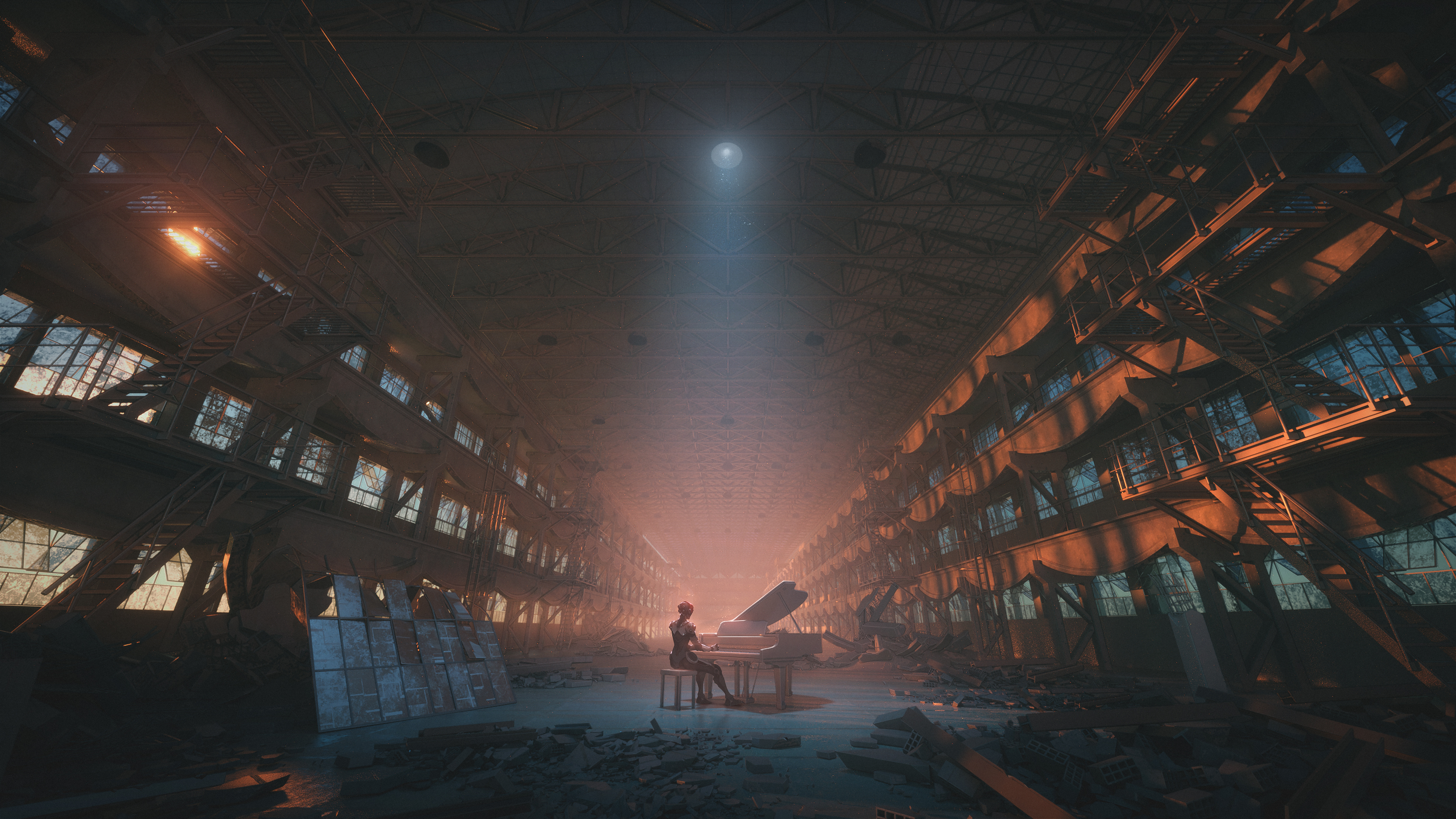 Free download Piano Rubber Factory Sunset Robot AI Art 4K Wallpaper, Wallpaper(s) website provided.