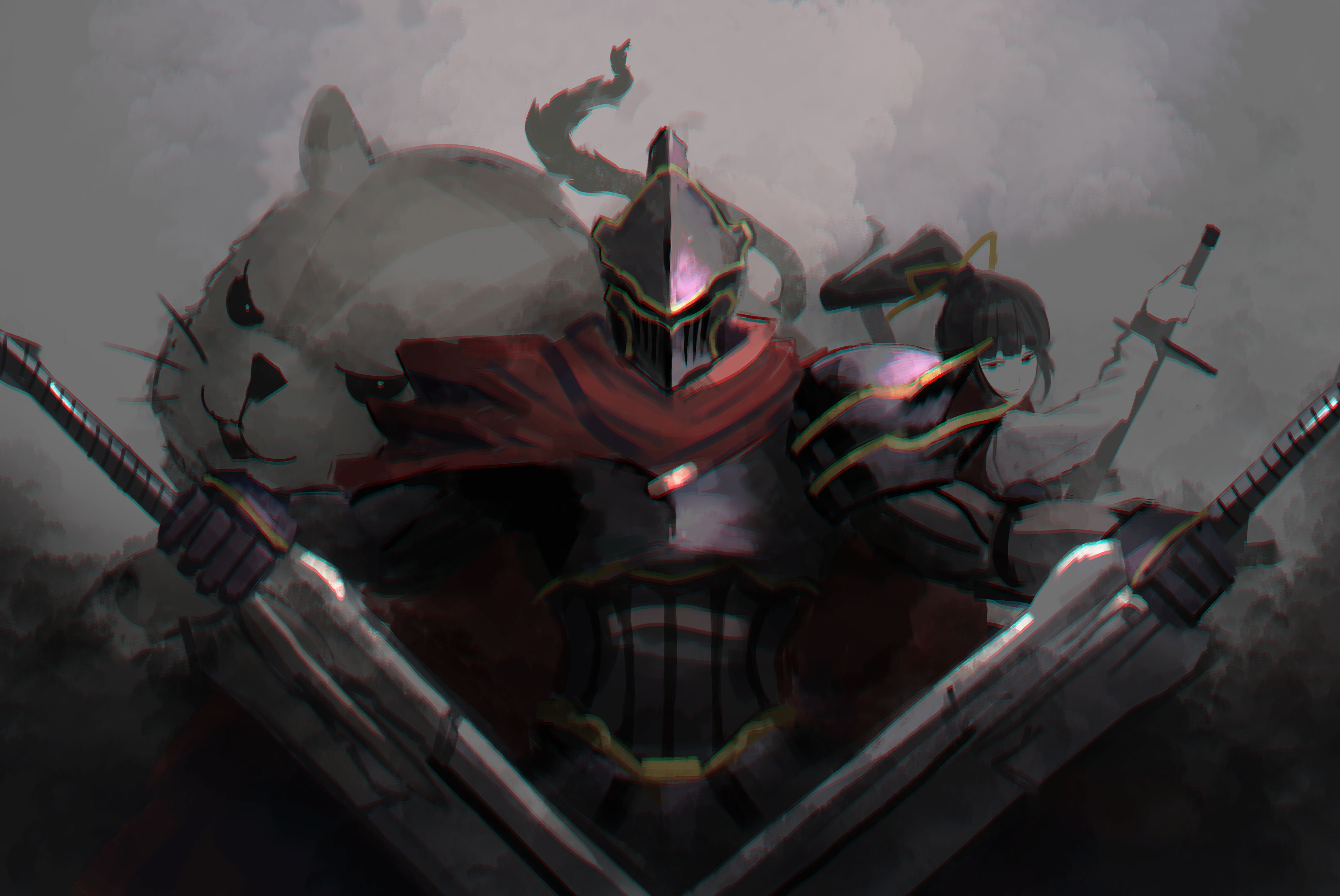 Free download Sword, female warrior, ponytail, long hair, black eyes, knight, overlord, anime, girl, boy, black armor, brunette, cape, fantasy armor, hamster, misty overlord, dress 4K wallpaper, Wallpaper(s) website provided.