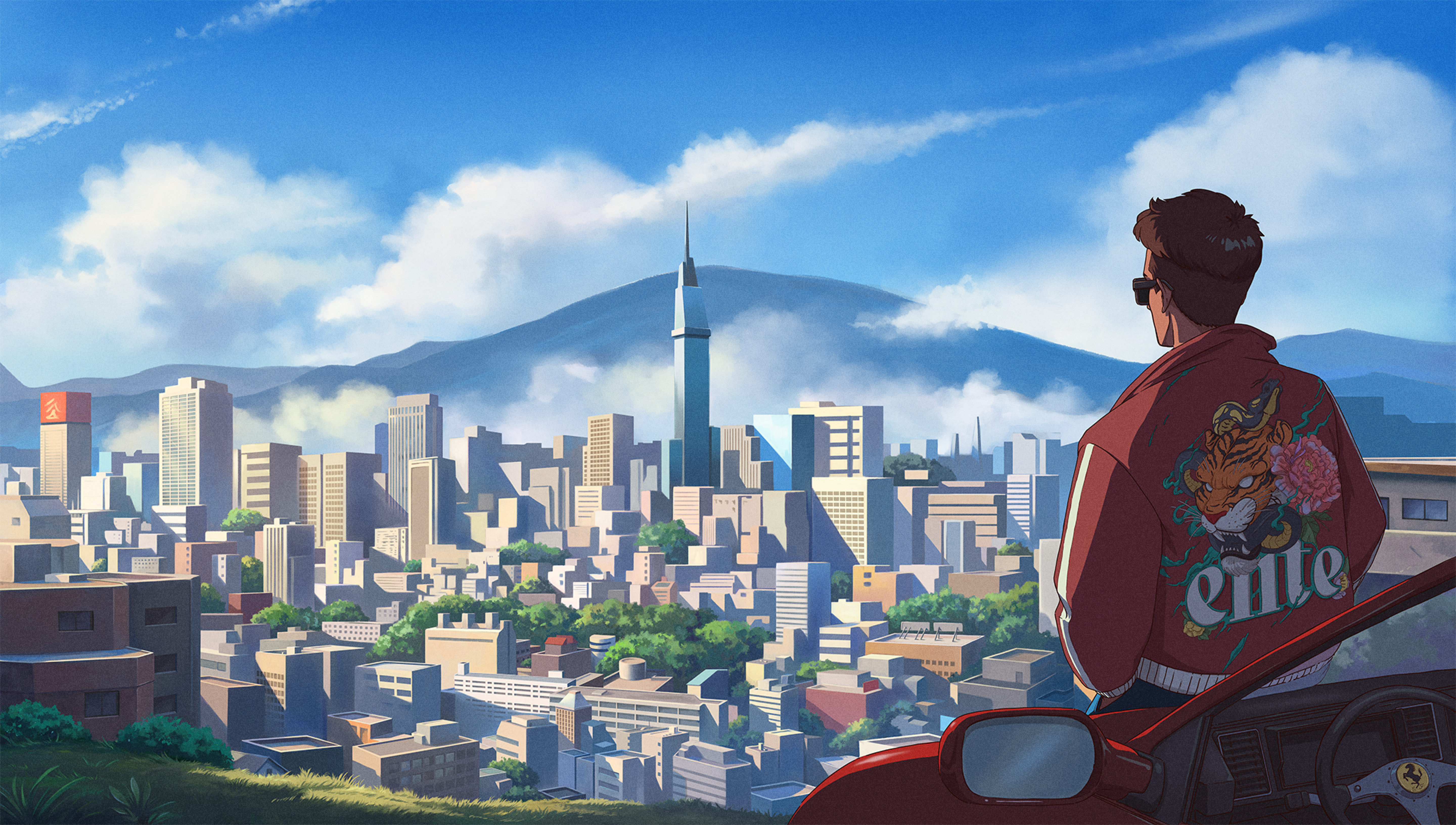 Free download Digital art illustration digital painting city landscape architecture skyscraper man vehicle car ferrari cloud mountain sky 4K wallpaper, Wallpaper(s) website provided.