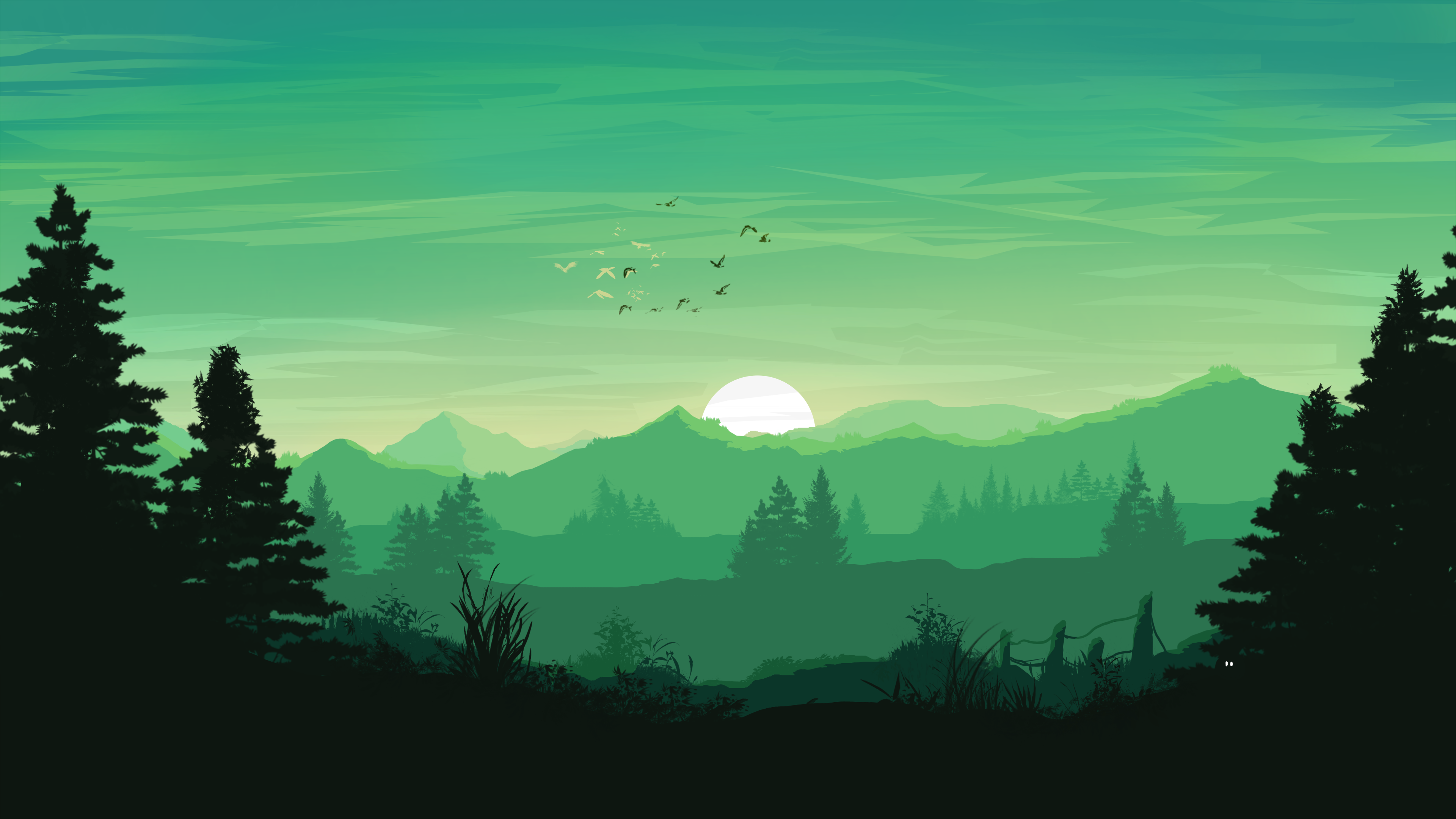 Free download Landscape Nature Sunset Green Background Vector Minimalism 8K Wallpaper, Wallpaper(s) website provided.