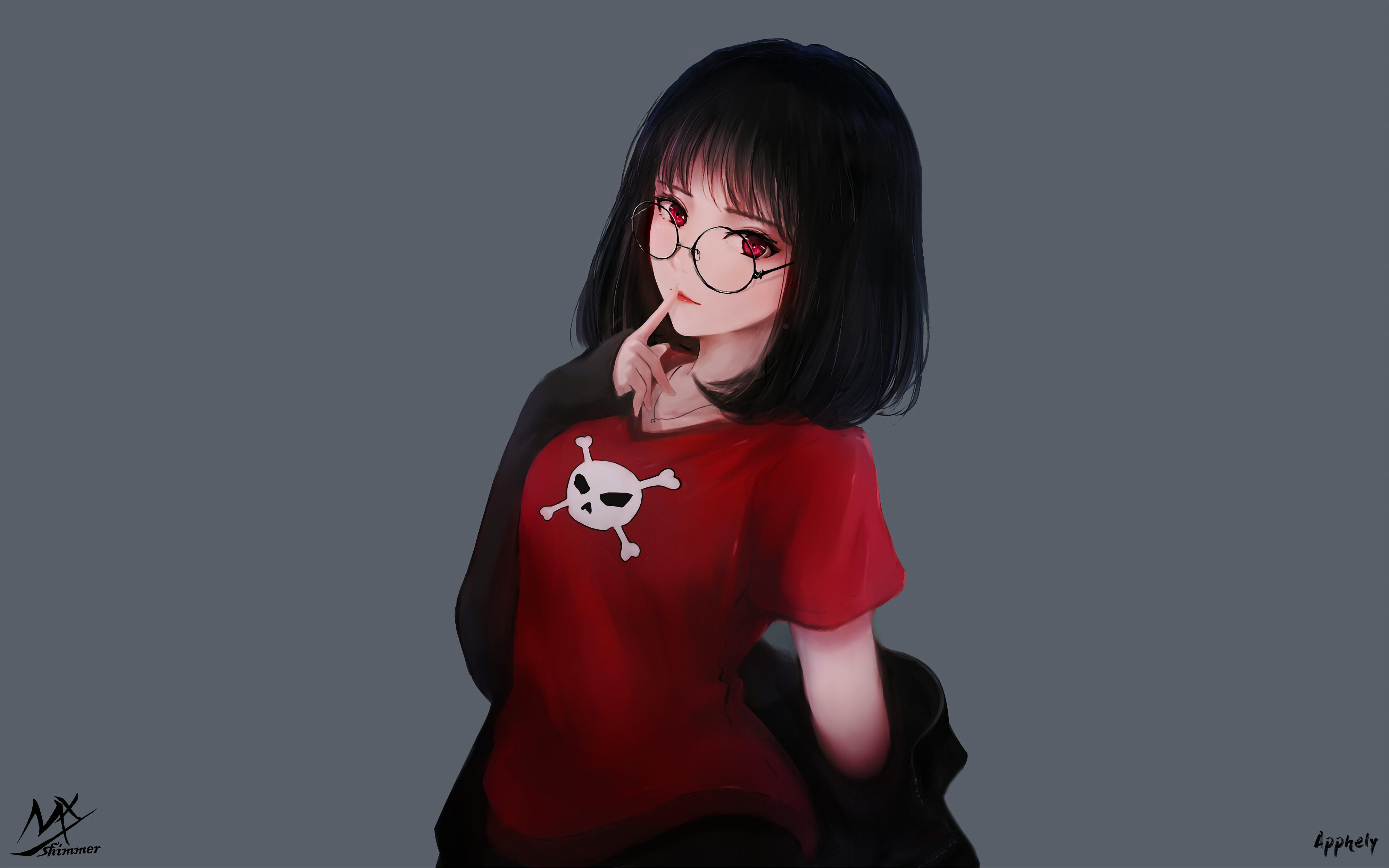Free download Glitter Red Eyes Anime Girl Glasses Thinking Skeleton Skeleton Shirt 4K Wallpaper, Wallpaper(s) website provided.
