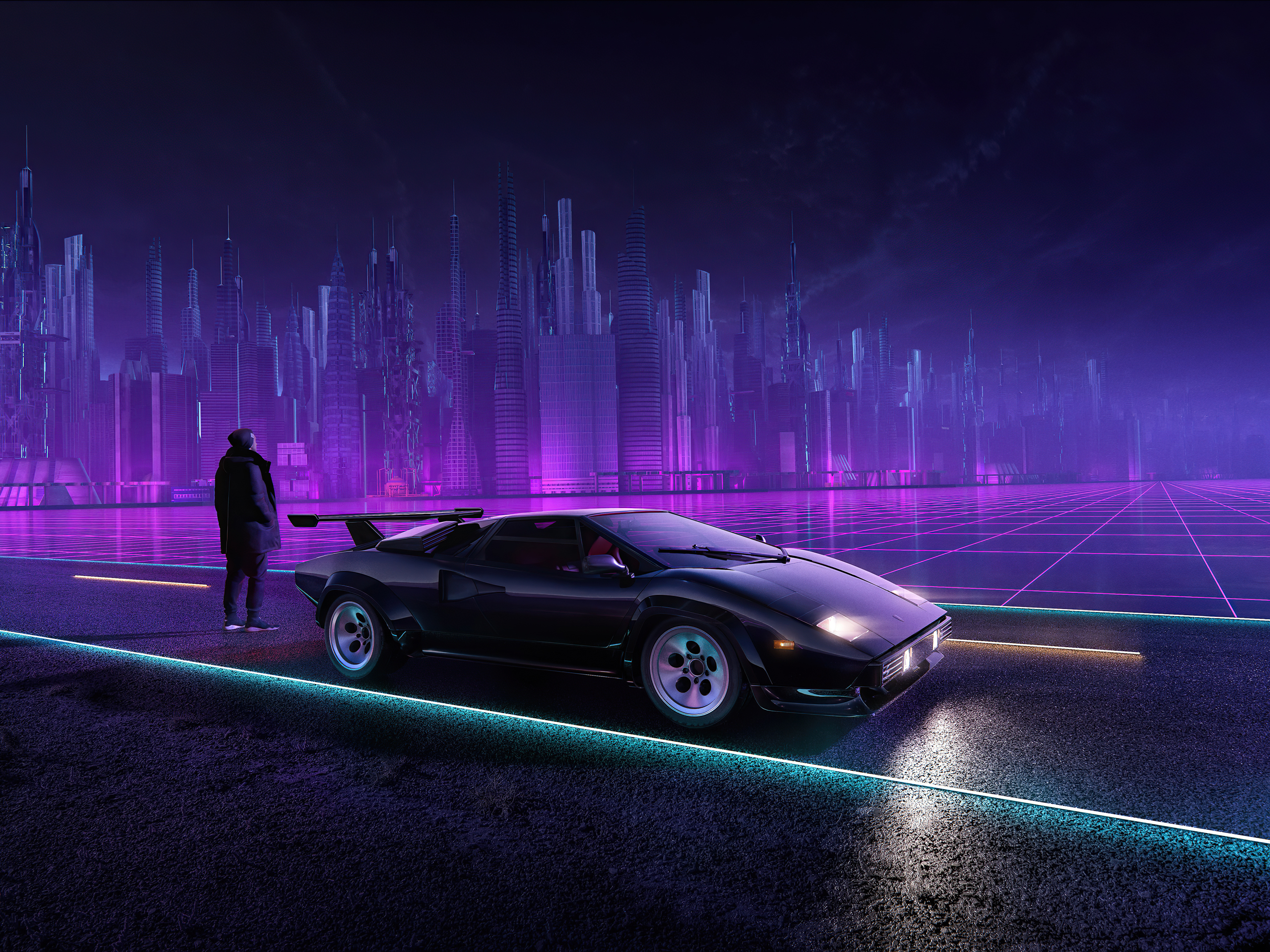 Free download Lamborghini Neon Cityscape Retro Style Supercar Road Night Computer Wallpaper 4K Wallpaper, Wallpaper(s) website provided.