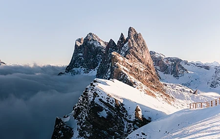 Free download Nature Landscape Mountains Snow Clouds Sky Fence Rocks Winter 4K Wallpaper, Wallpaper(s) website provided.