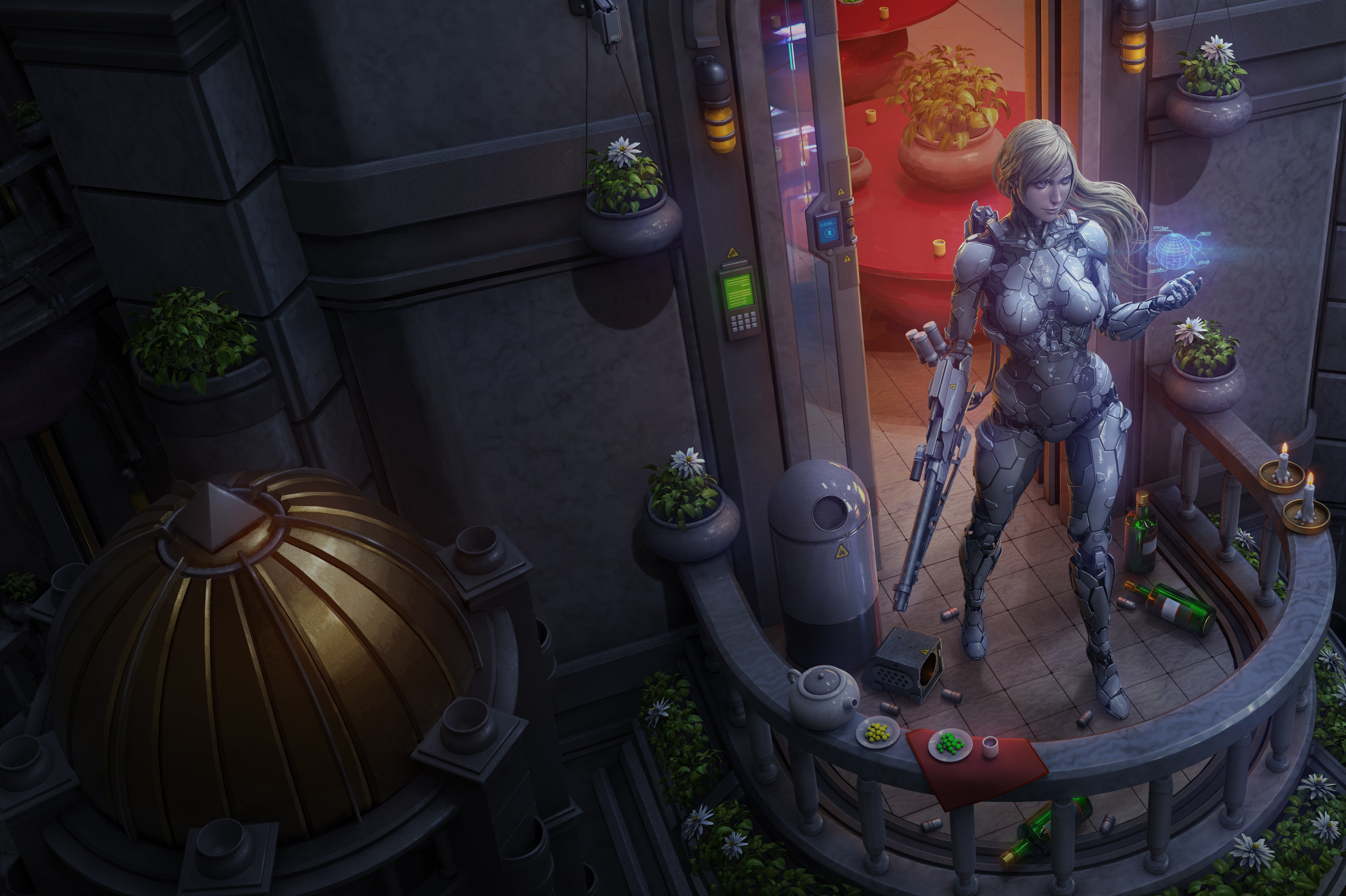Free download Woman Blonde Long Hair Fantasy Girl Futurism Science Fiction Novel Cyborg Weapon Plant Flowers Bottle Balcony Sketch AI Art Concept Art 8K Wallpaper, Wallpaper(s) website provided.