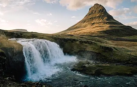 Free download Mountains Landscape Nature Clouds River Waterfall Fields Iceland Sunset 4K Wallpaper, Wallpaper(s) website provided.