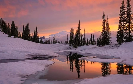 Free download Nature Landscape Trees Sky Cloud Mountains Snow Water Sunrise Lake Winter 4K Wallpaper, Wallpaper(s) website provided.