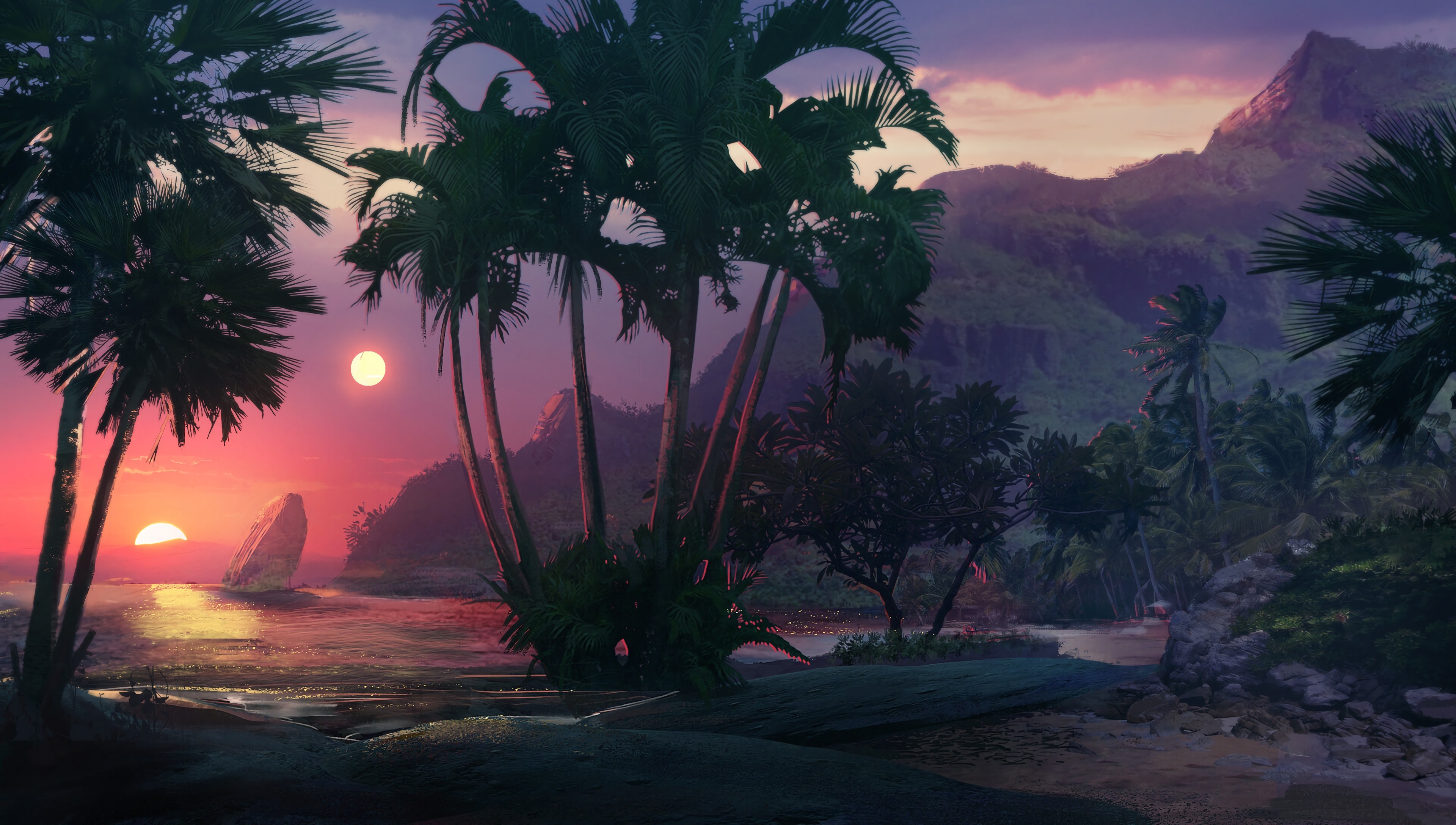 Free download AI Art Sunset Palm Trees Beach Sea 4K Wallpaper, Wallpaper(s) website provided.