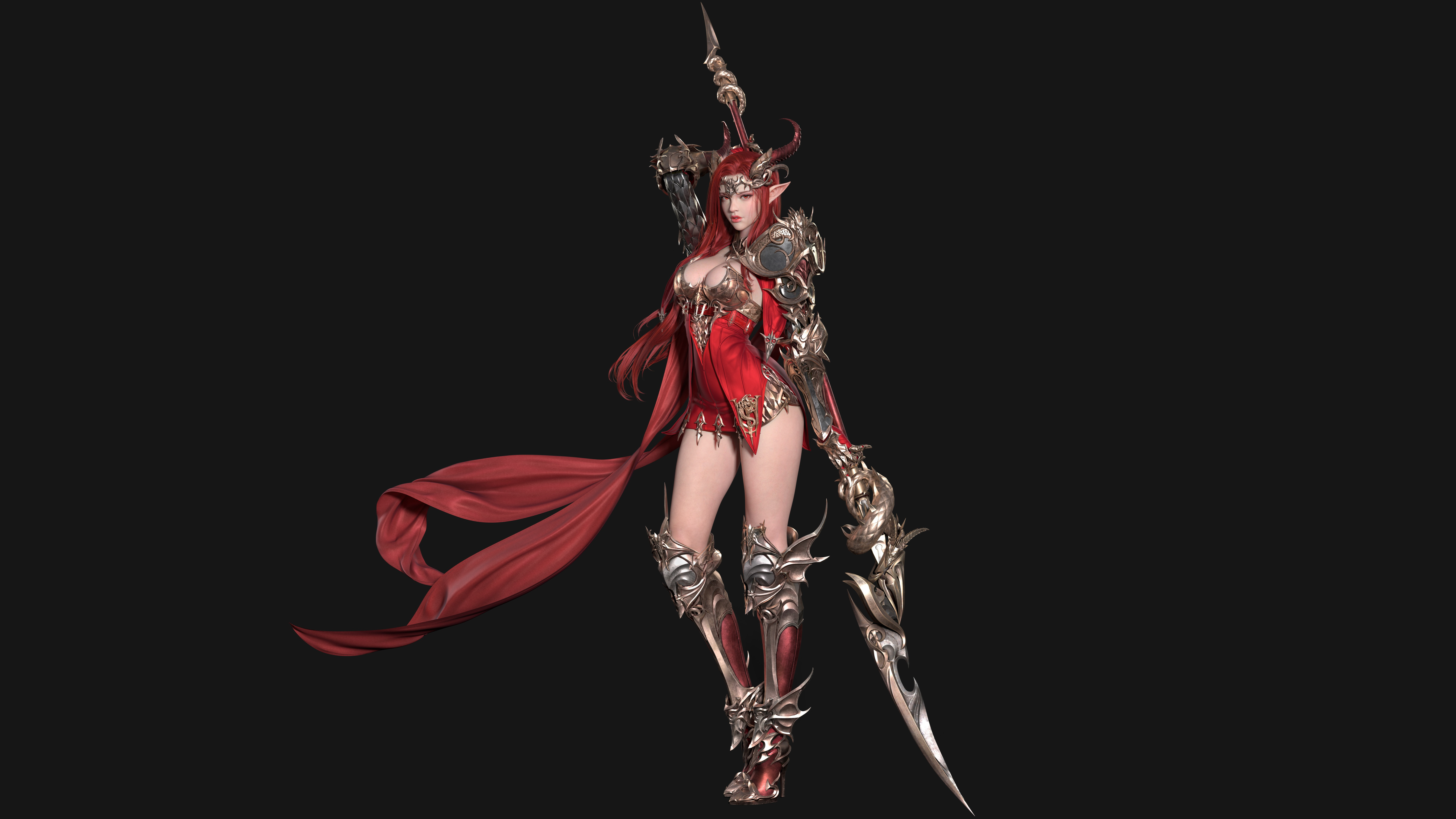 Free download Female Red Hair Stand Red Eyes Long Hair AI Art Beast Ears Armor Challenge Fantasy Weapon Spear High Heels Simple Background Dark Background Angel League Horn Video Games 4K Wallpaper, Wallpaper(s) website provided.