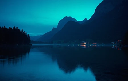 Free download Nature Landscape Mountains Clouds House Lights Water Lake Fog Lake 4K Wallpaper, Wallpaper(s) website provided.