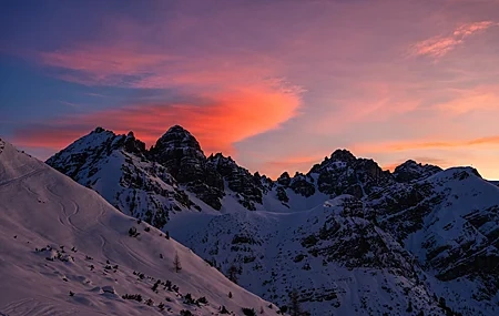 Free download Nature Landscape Mountains Clouds Snow Winter Rocks Pink Clouds Sky Sunset 4K Wallpaper, Wallpaper(s) website provided.