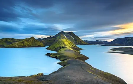 Free download Nature Landscape Mountains Grass Clouds Sky Water Black Sand 4K Wallpaper, Wallpaper(s) website provided.