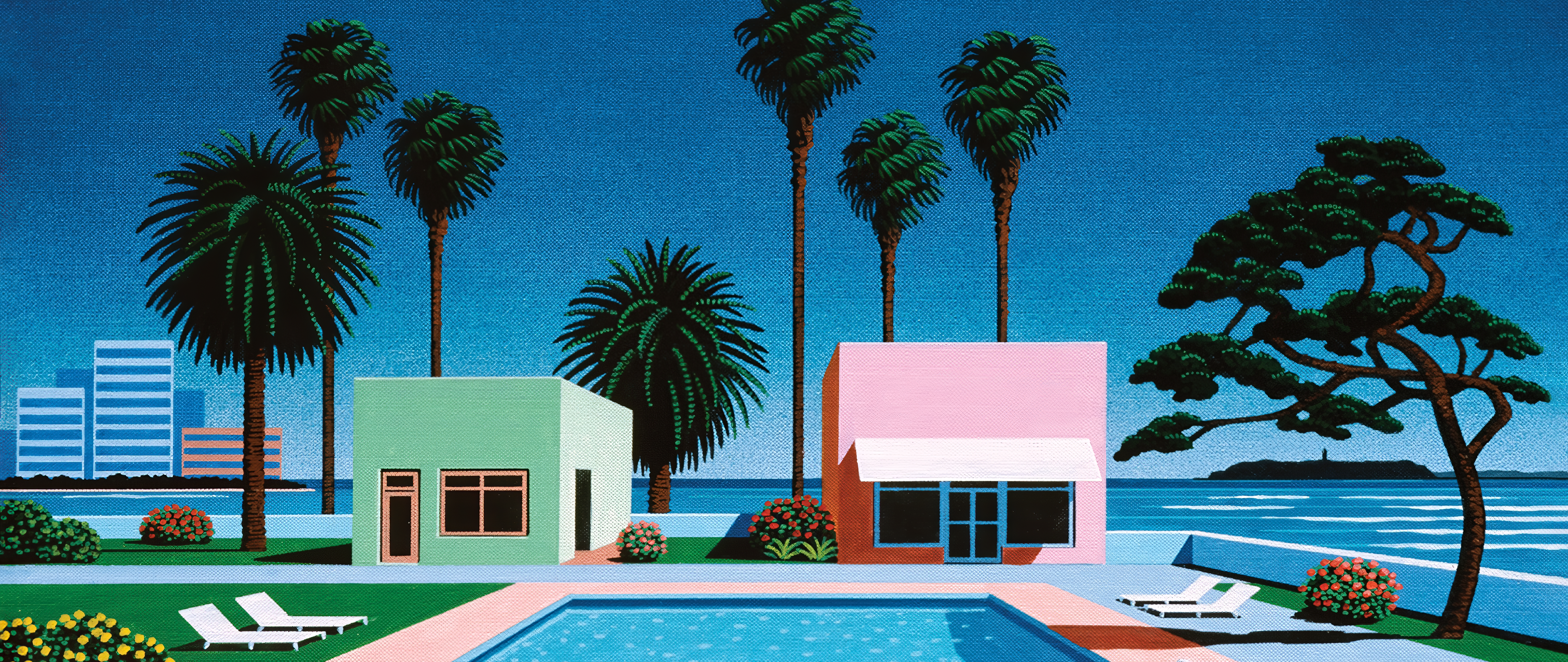 Free download Green Pink Blue Palm Tree House Swimming Pool Trees 4K Wallpaper, Wallpaper(s) website provided.
