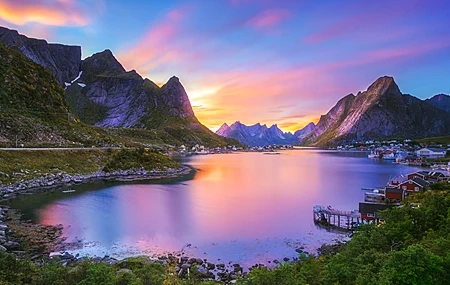 Free download Nature Landscape Mountains Lake Clouds Sky Rocks Trees Houses Towns 4K Wallpaper, Wallpaper(s) website provided.