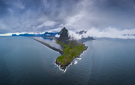 Free download Nature Landscape Clouds Sky Water Island Vision Coast Rocks Mountains Rainy Season Wind Overcast Meadow Peninsula 4K Wallpaper, Wallpaper(s) website provided.