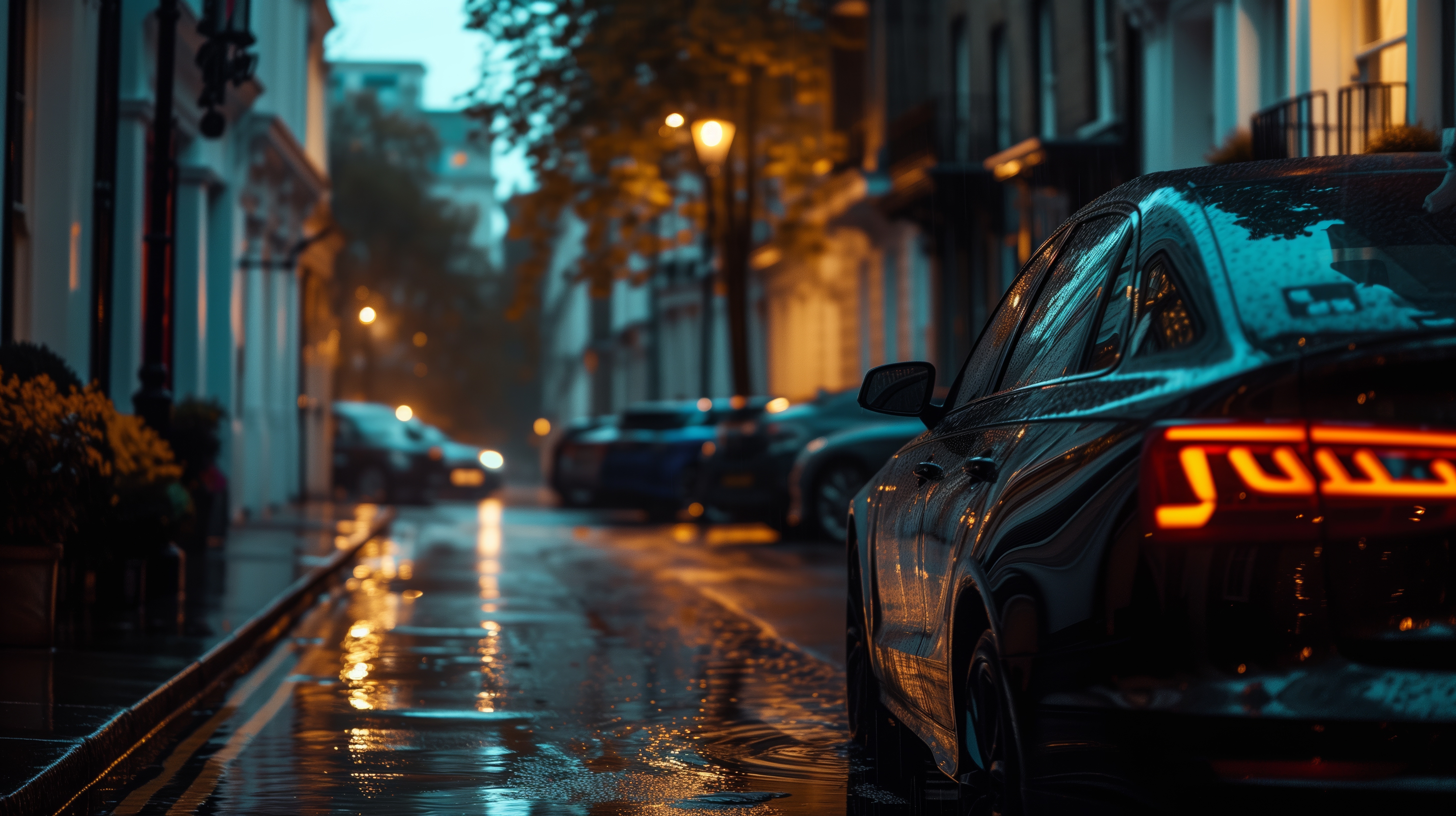 Free download AI Art Cars Tail Lights Blue Hour Street Computer Wallpaper 4K Wallpaper, Wallpaper(s) website provided.