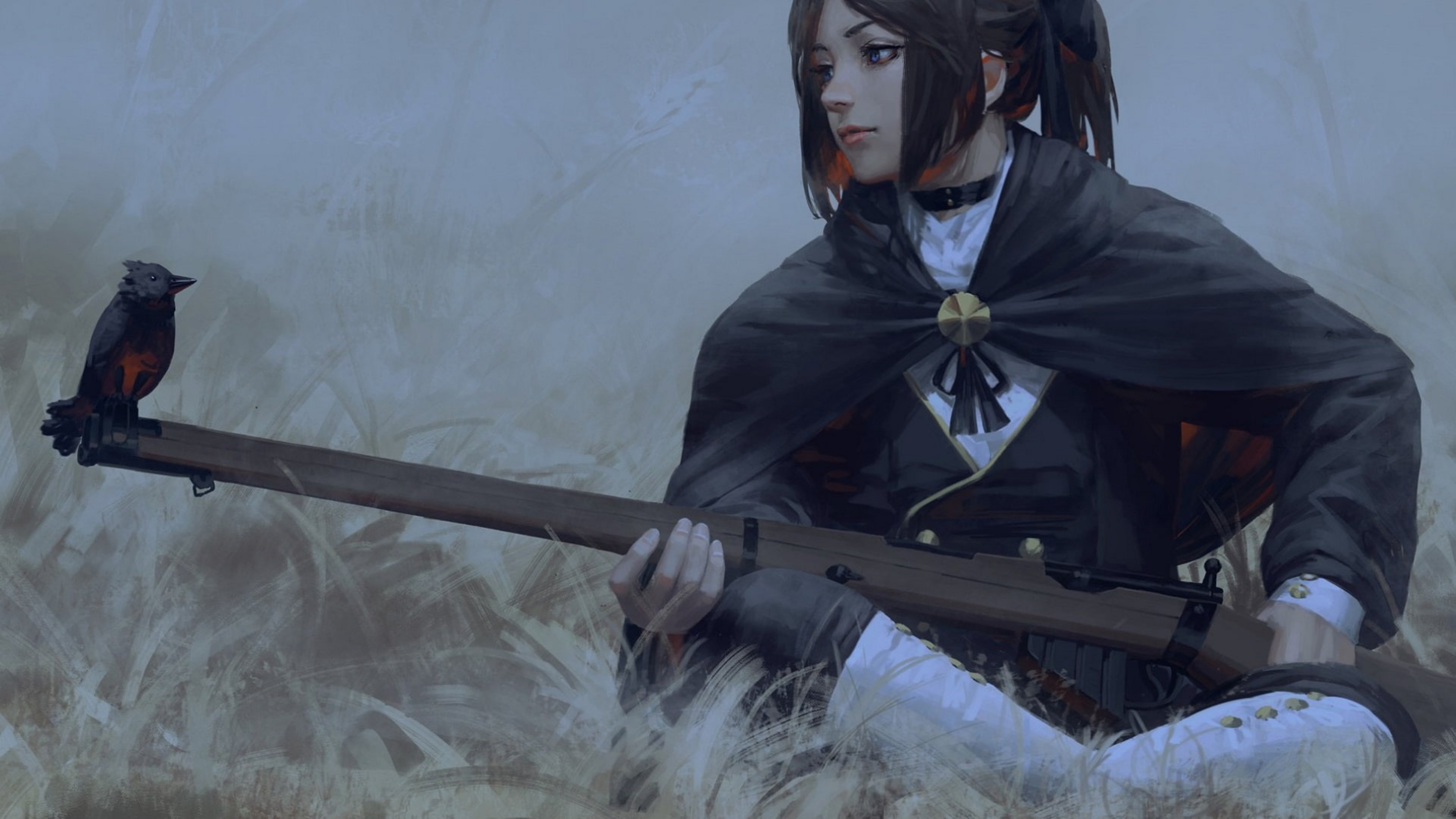 Free download Brunette ponytail sitting cross-legged gun short hair anime girl bird field wheat digital art necklace animal 8K wallpaper, Wallpaper(s) website provided.