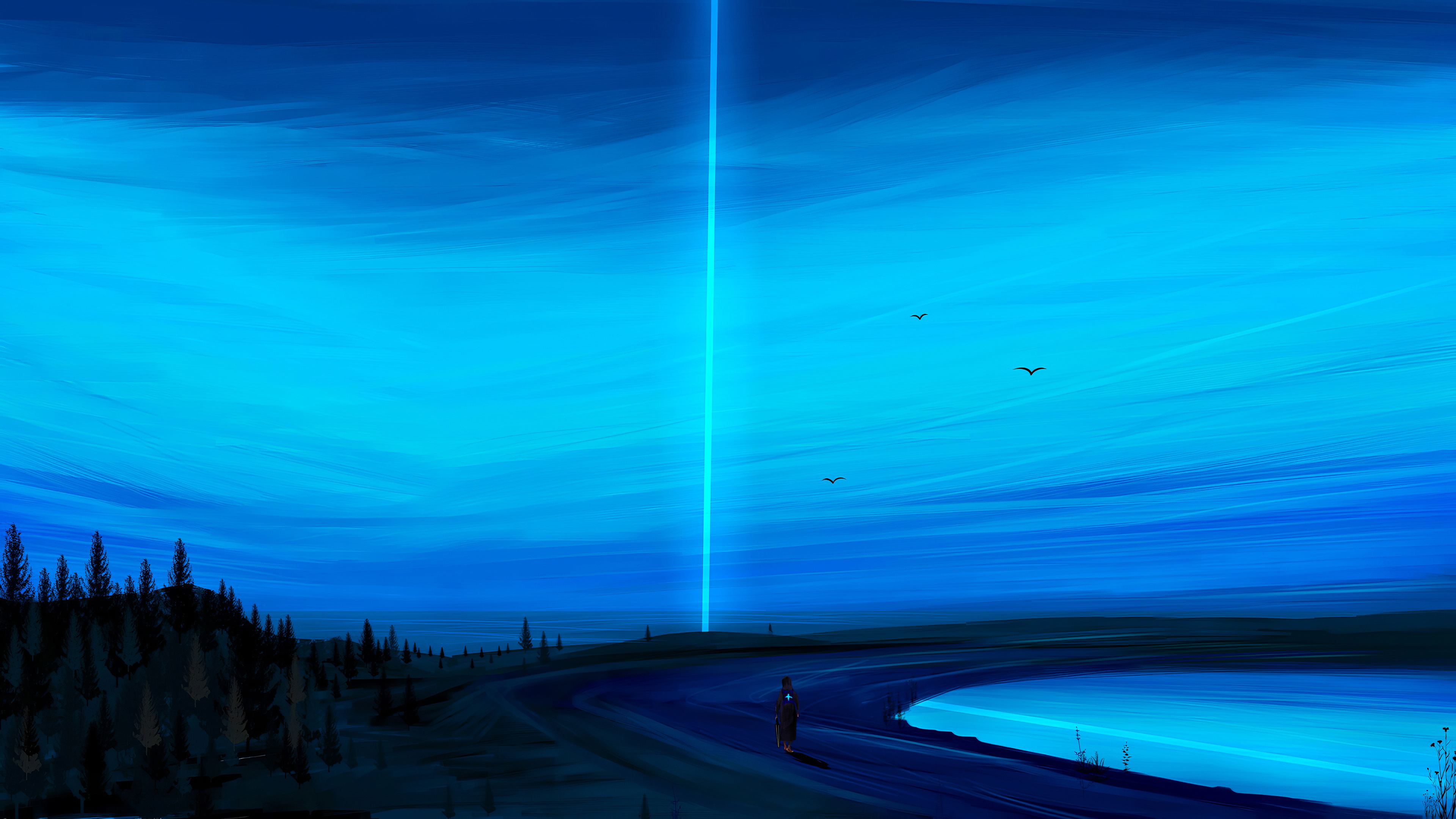 Free download Characters AI Art Illustrations Sketch Painting Numbers Landscape Nature Dark Blue Lights Outdoor Trees Pine Trees Lake Water Sky Sky Clear Sky 4K Wallpaper, Wallpaper(s) website provided.