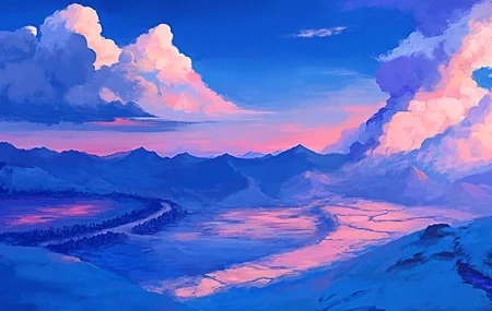 Free download Digital Art Illustration Digital Painting Landscape Nature Blue Cloud Mountain 4K Wallpaper, Wallpaper(s) website provided.