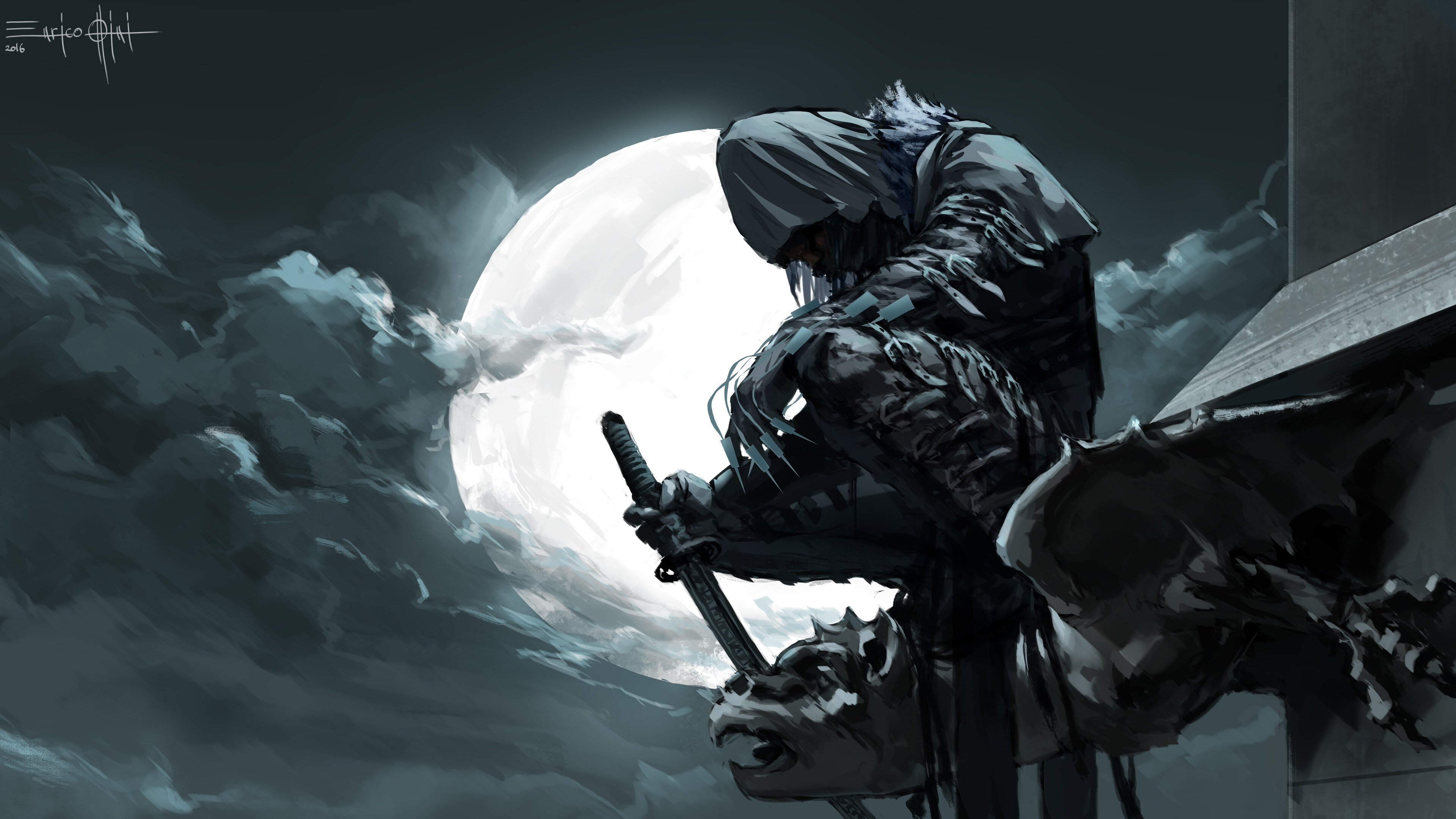 Free download Ninja Moon Sword Painting Gargoyle 4K Wallpaper, Wallpaper(s) website provided.