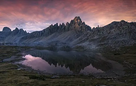 Free download Nature Landscape Mountains Lake Water Grass Cloud Sky Pink Cloud Rocks 4K Wallpaper, Wallpaper(s) website provided.