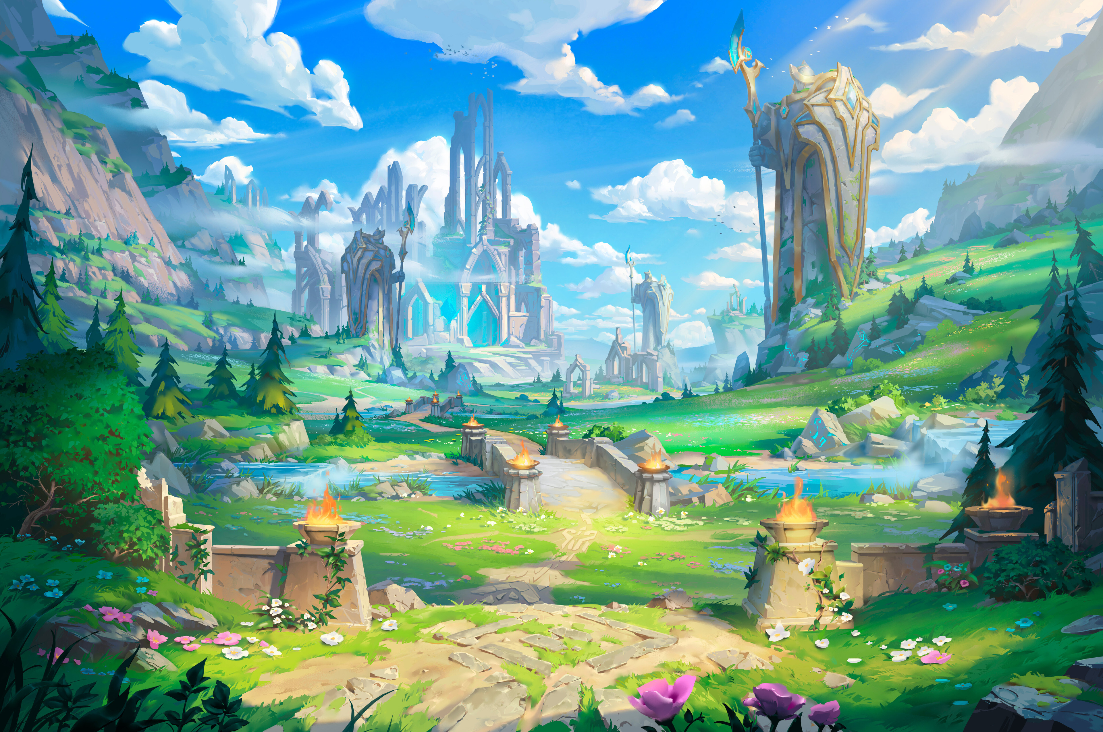 Free download Painting Landscape Mountains Shield Statue Fantasy Architecture 4K Wallpaper, Wallpaper(s) website provided.