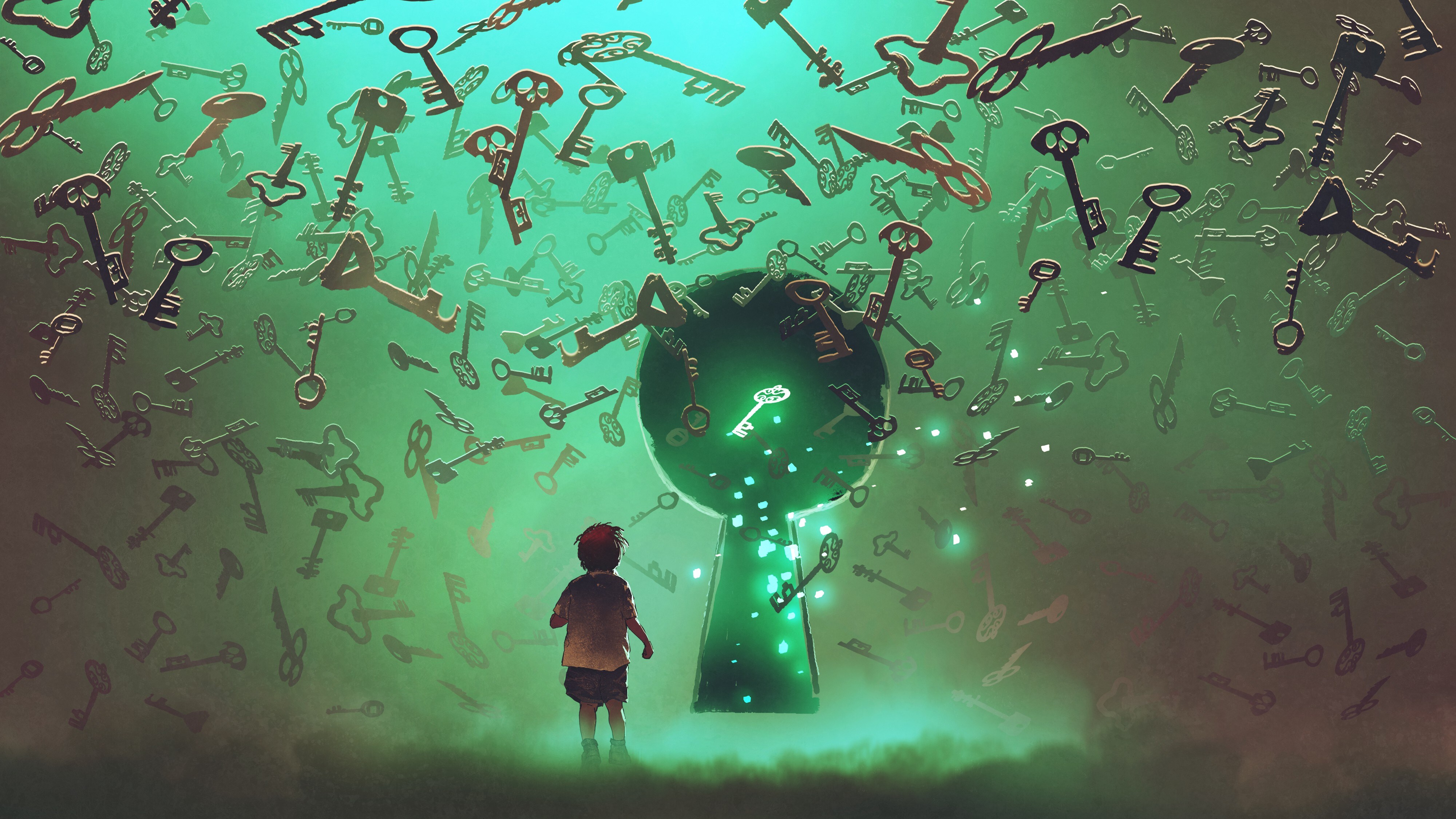 Free download Lonely Kid Sketch Digital Painting Fantasy Art Lonely Key Keyhole Floating Glowing Magic 4K Wallpaper, Wallpaper(s) website provided.