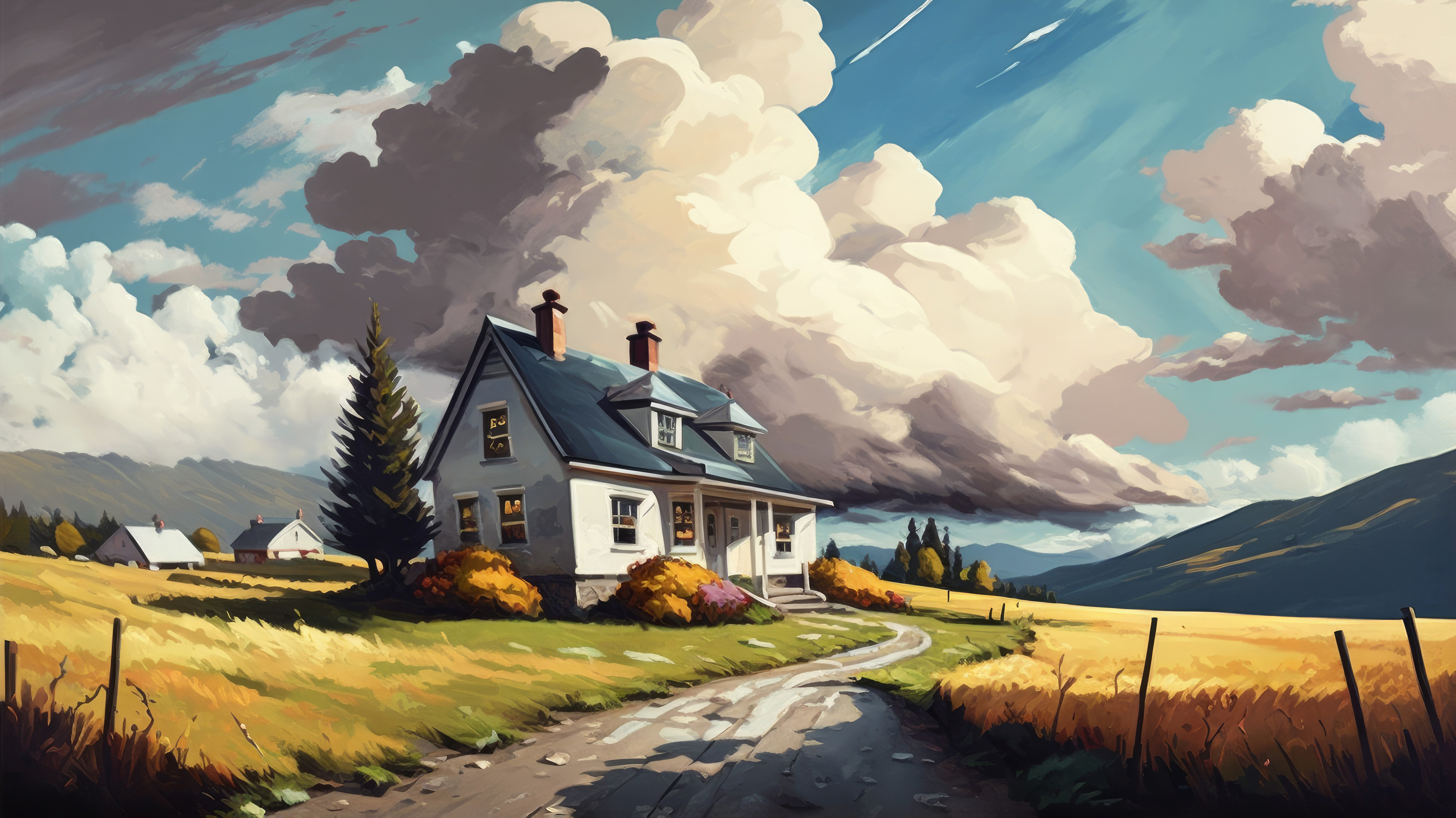 Free download Architecture Artificial Intelligence Art Sky Sunshine Path House Cloud 4K Wallpaper, Wallpaper(s) website provided.