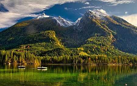 Free download Nature Landscape Trees Forest Snow Mountain Boat Water Water Ripples Clouds Sky Duck Lake 4K Wallpaper, Wallpaper(s) website provided.