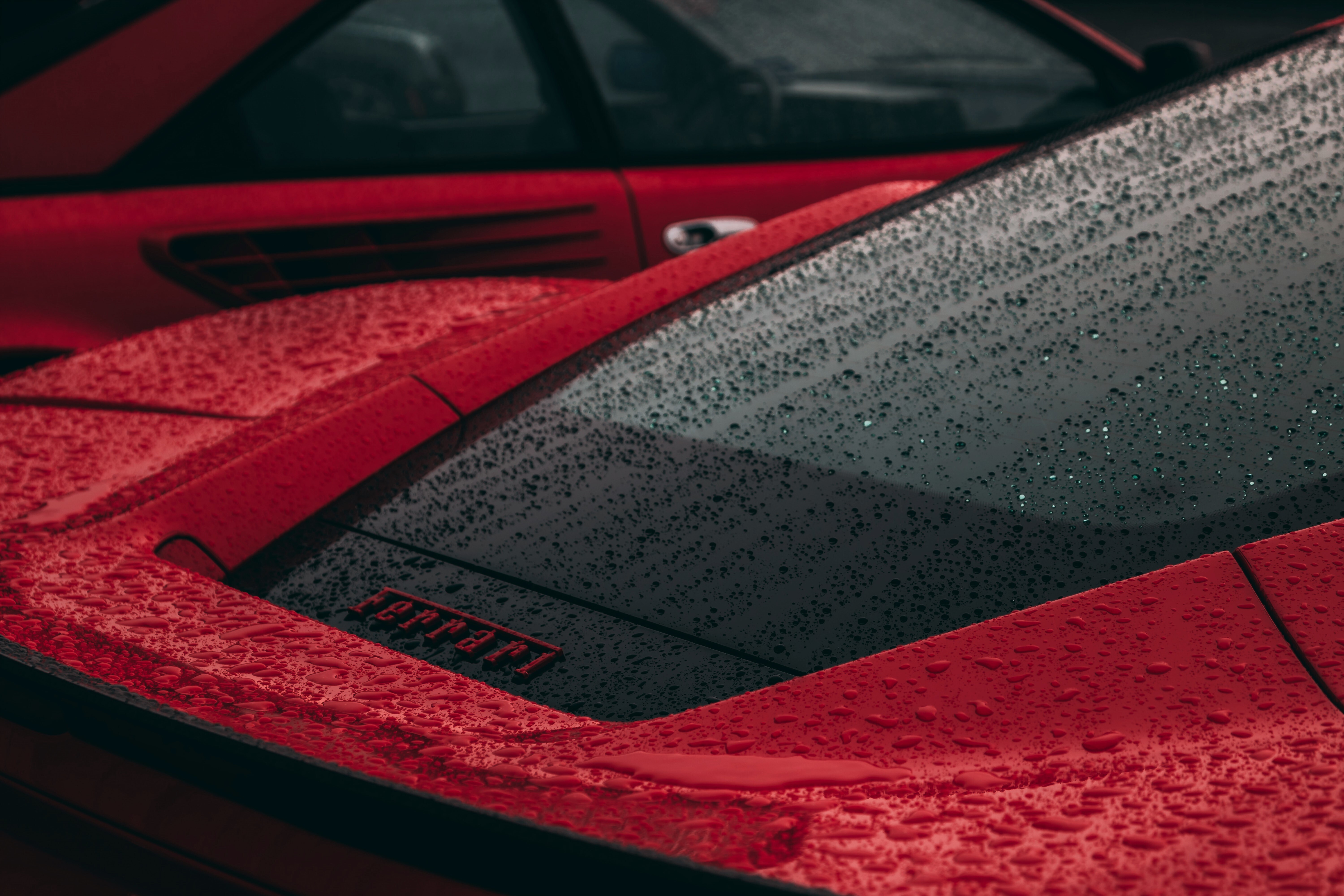 Free download Ferrari Water Drops Depth of Field Red Rain Monsoon Computer Wallpaper 4K Wallpaper, Wallpaper(s) website provided.