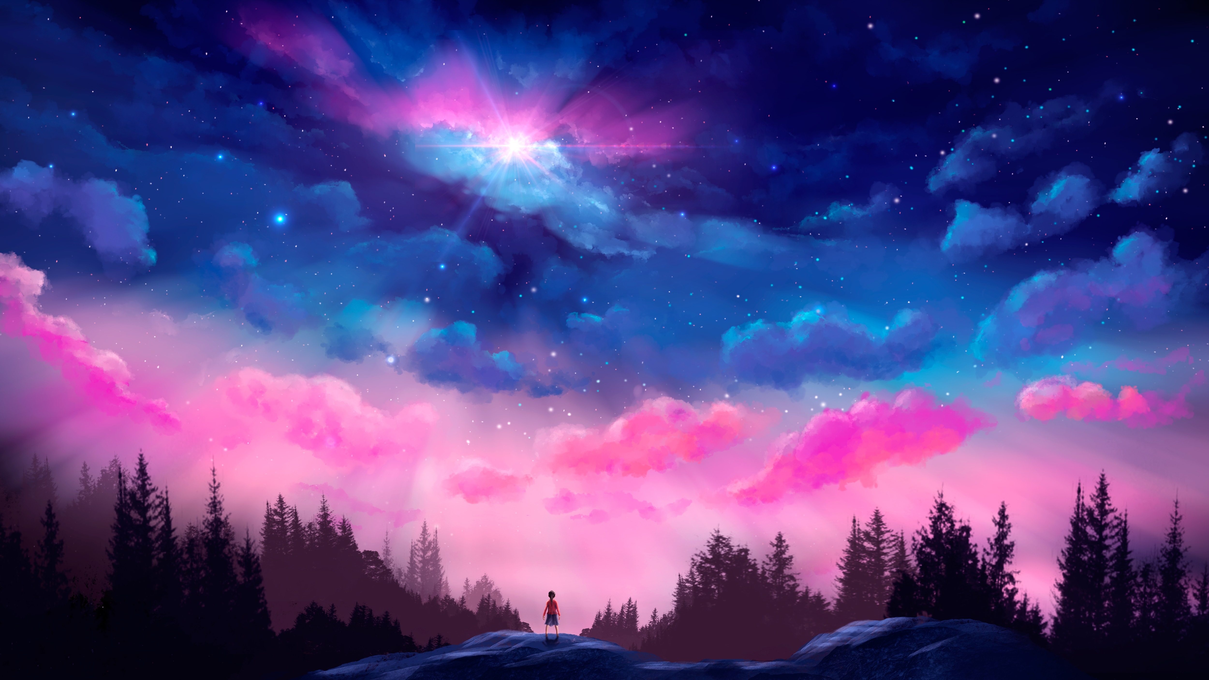 Free download Children standing AI art sky forest space stars cloud blue colorful landscape light nature trees 4K wallpaper, Wallpaper(s) website provided.