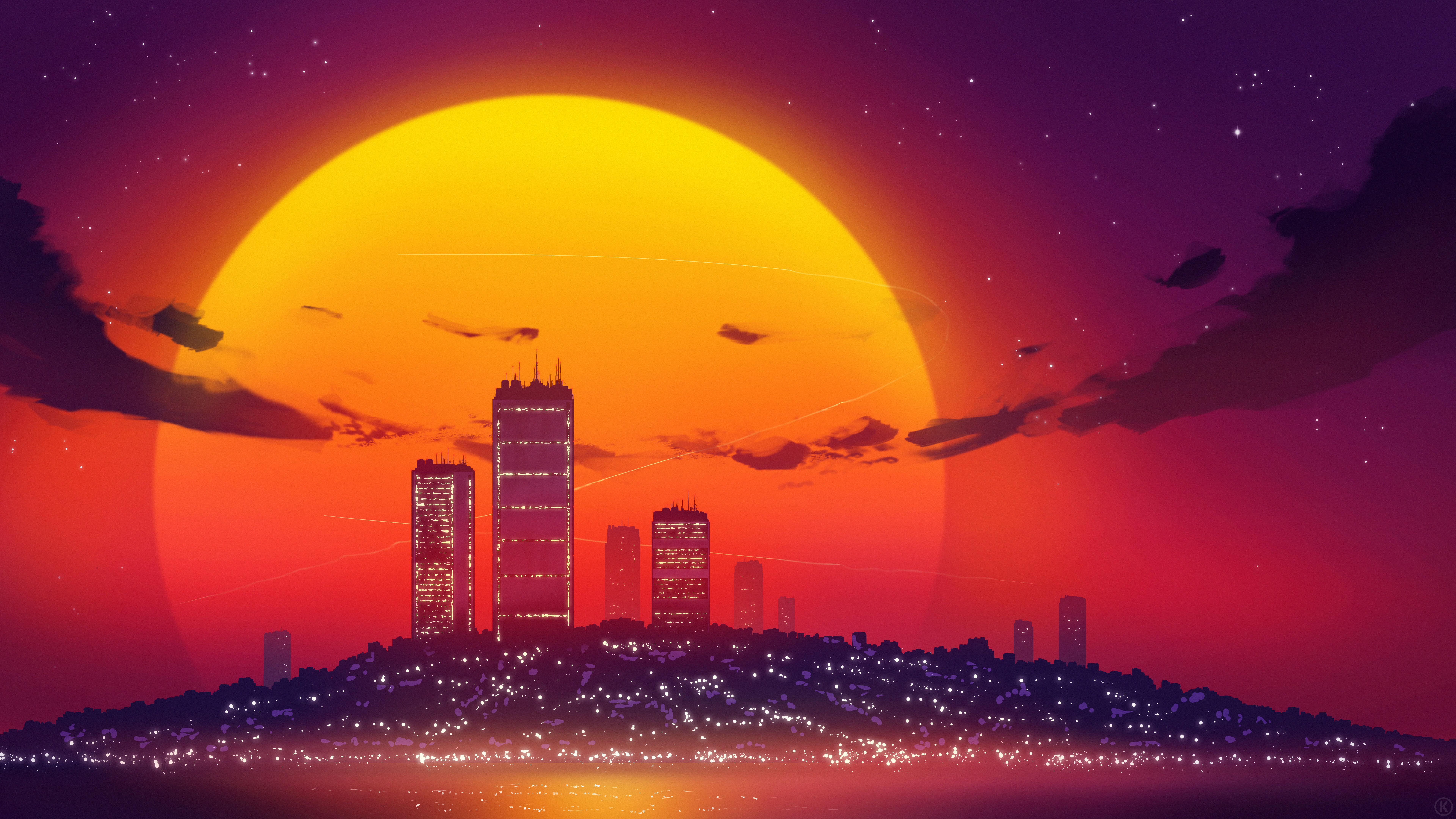Free download AI art illustration city landscape landscape sunset sun city skyscraper city lights stars cloud 8K wallpaper, Wallpaper(s) website provided.