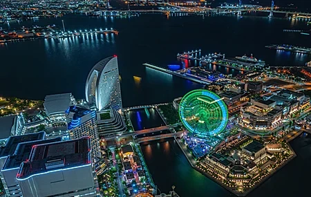 Free download Landscape city skyline night lights water trees docks vision drone photos ferris wheel night view 4K wallpaper, Wallpaper(s) website provided.