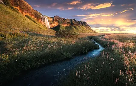Free download River Nature Waterfall Scenery Clouds Sunset Fields Cliffs 8K Wallpaper, Wallpaper(s) website provided.