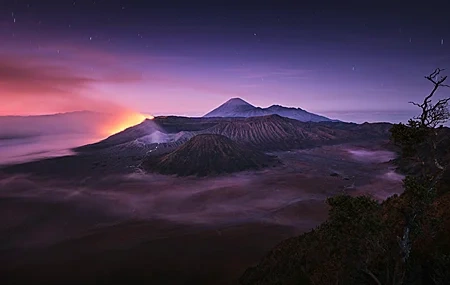 Free download Nature Landscape Mountains Trees Volcano Clouds Stars Night Fog 4K Wallpaper, Wallpaper(s) website provided.