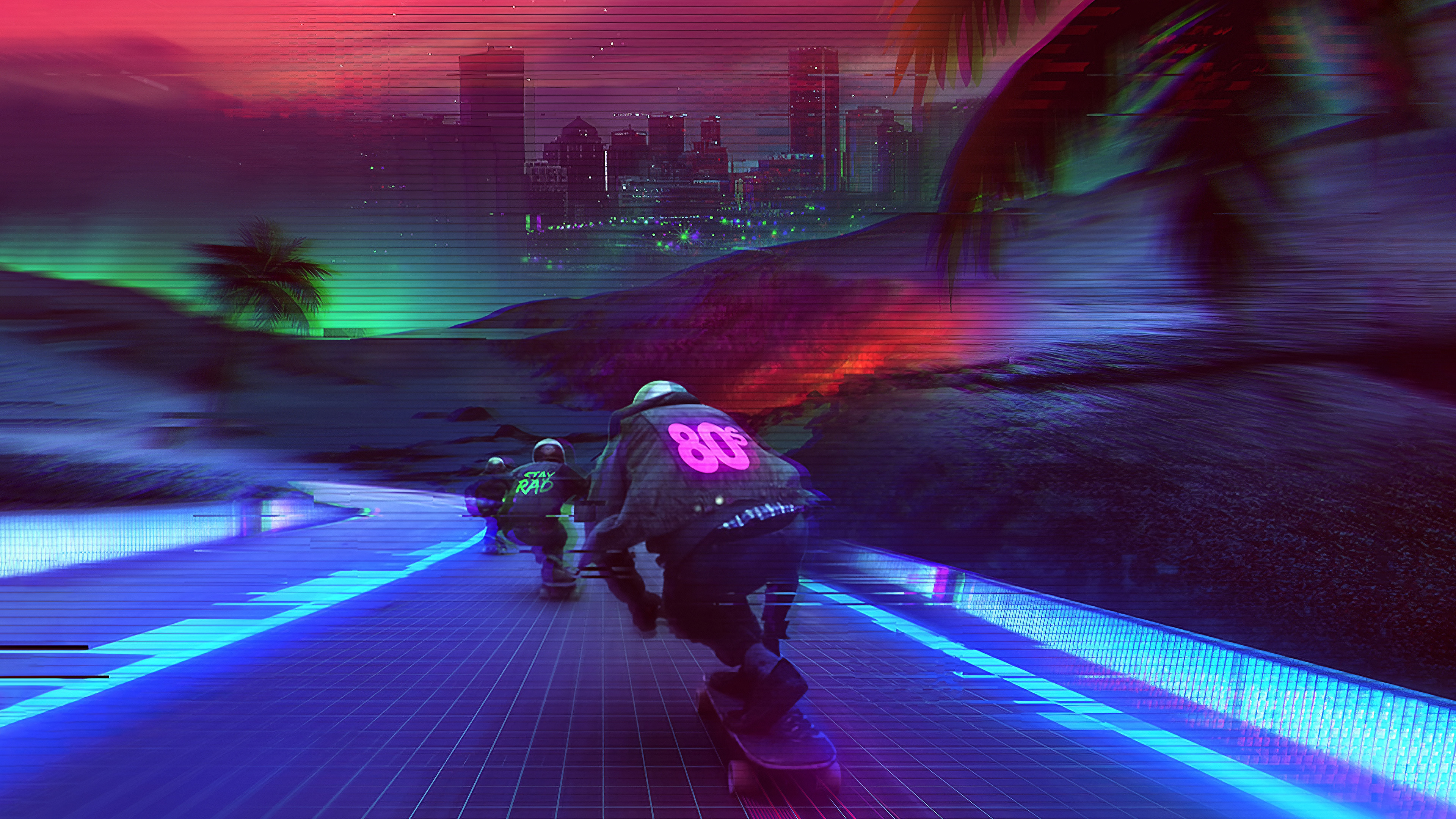 Free download Characters AI Art Illustrations Air Wave Synthetic Waves Reverse Waves Neon Lights Colorful Glowing Skateboard Landscape Trees Palm Trees City Architecture Towers Skyscrapers Futurism Cyberpunk 4K Wallpaper, Wallpaper(s) website provided.