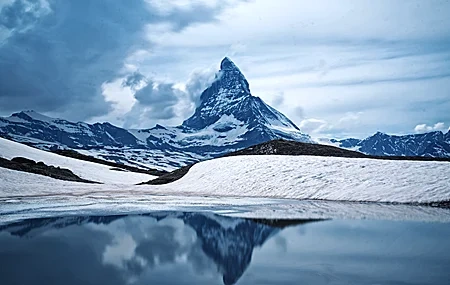 Free download Nature Landscape Mountains Sky Clouds Winter Snow Water Lake Rocks 4K Wallpaper, Wallpaper(s) website provided.
