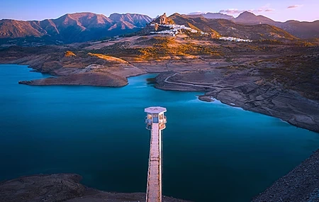 Free download Nature Landscape Mountains Water Clouds Rock Village Sky Watchtower Plants Vision Reservoir 4K Wallpaper, Wallpaper(s) website provided.