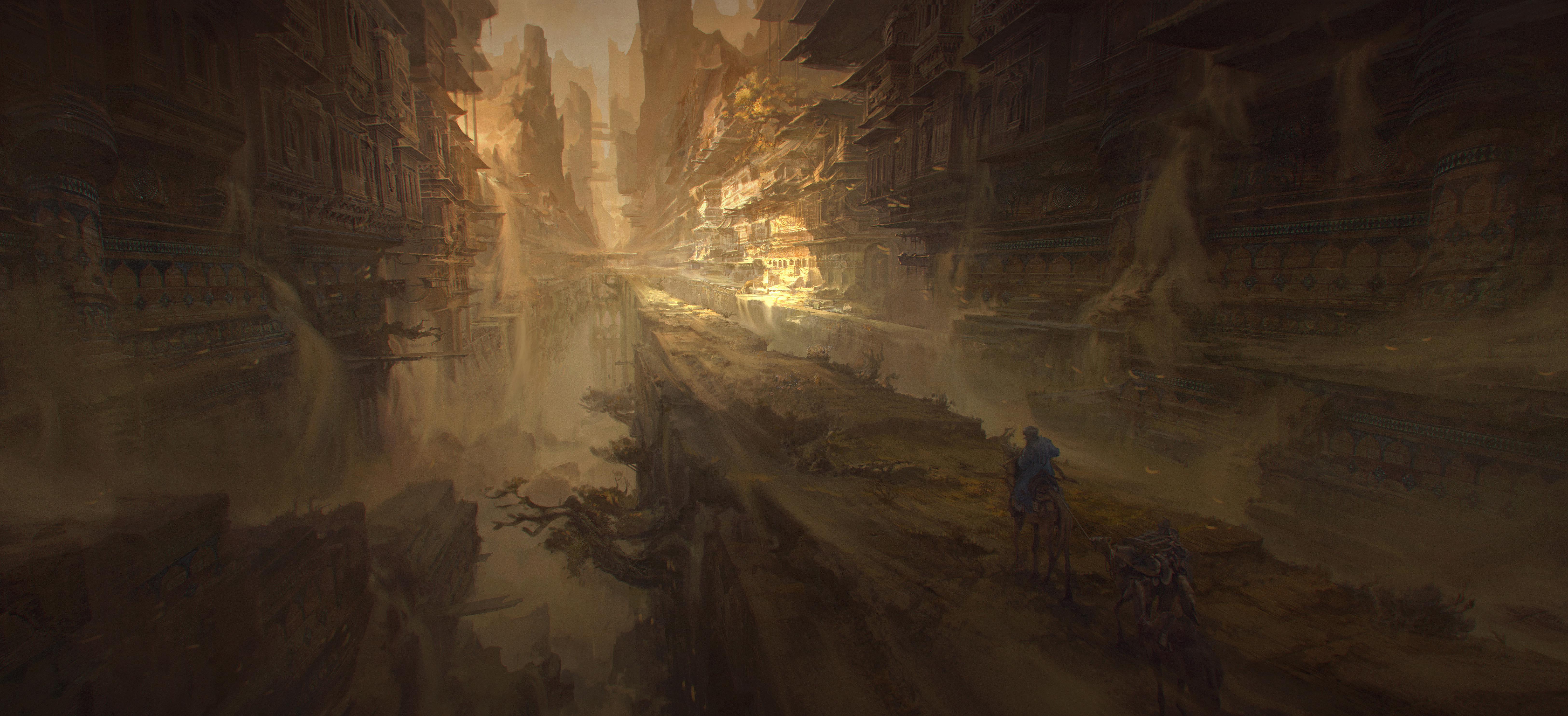 Free download AI Art Concept Art Dust Architecture Mountain Sand Road Silk Road Fantasy Art 4K Wallpaper, Wallpaper(s) website provided.